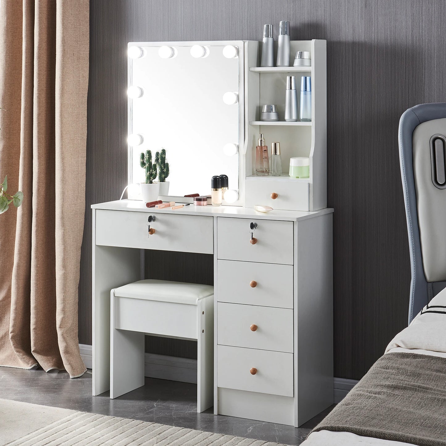 Makeup Vanity Table with Drawers, Vanity Desk Set with Shelves, Dresser Desk and Cushioned Stool Set White for Women