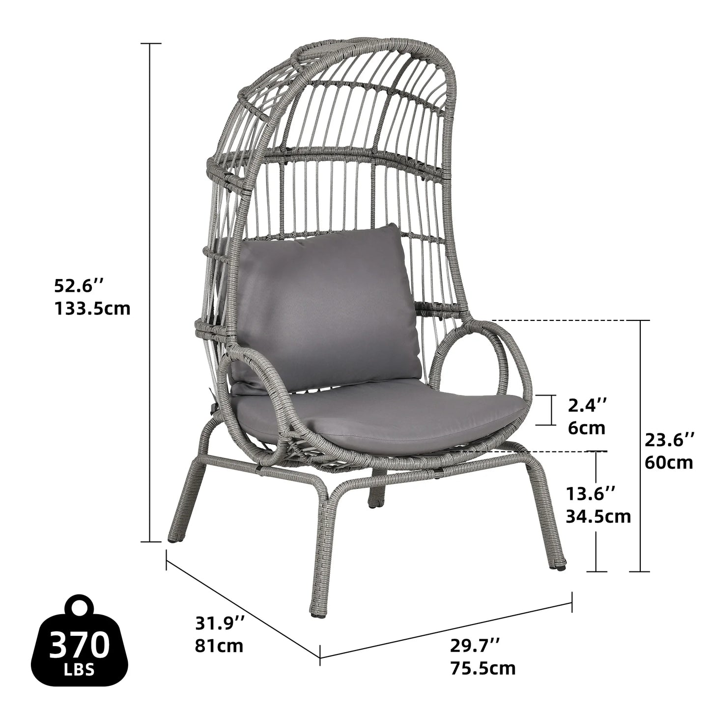 Patio Wicker Egg Chair Cushion PE Rattan Oversized Basket Lounge Chair with Legs