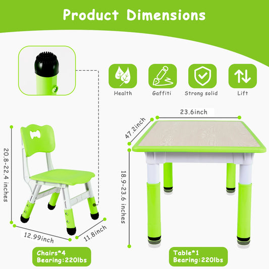 AOOU 47.2‘’ Kid Table and 4 Chairs Set, Height Adjustable Toddler Study Table&Chair Set for Age 2-10, Multi-Activity Art Table