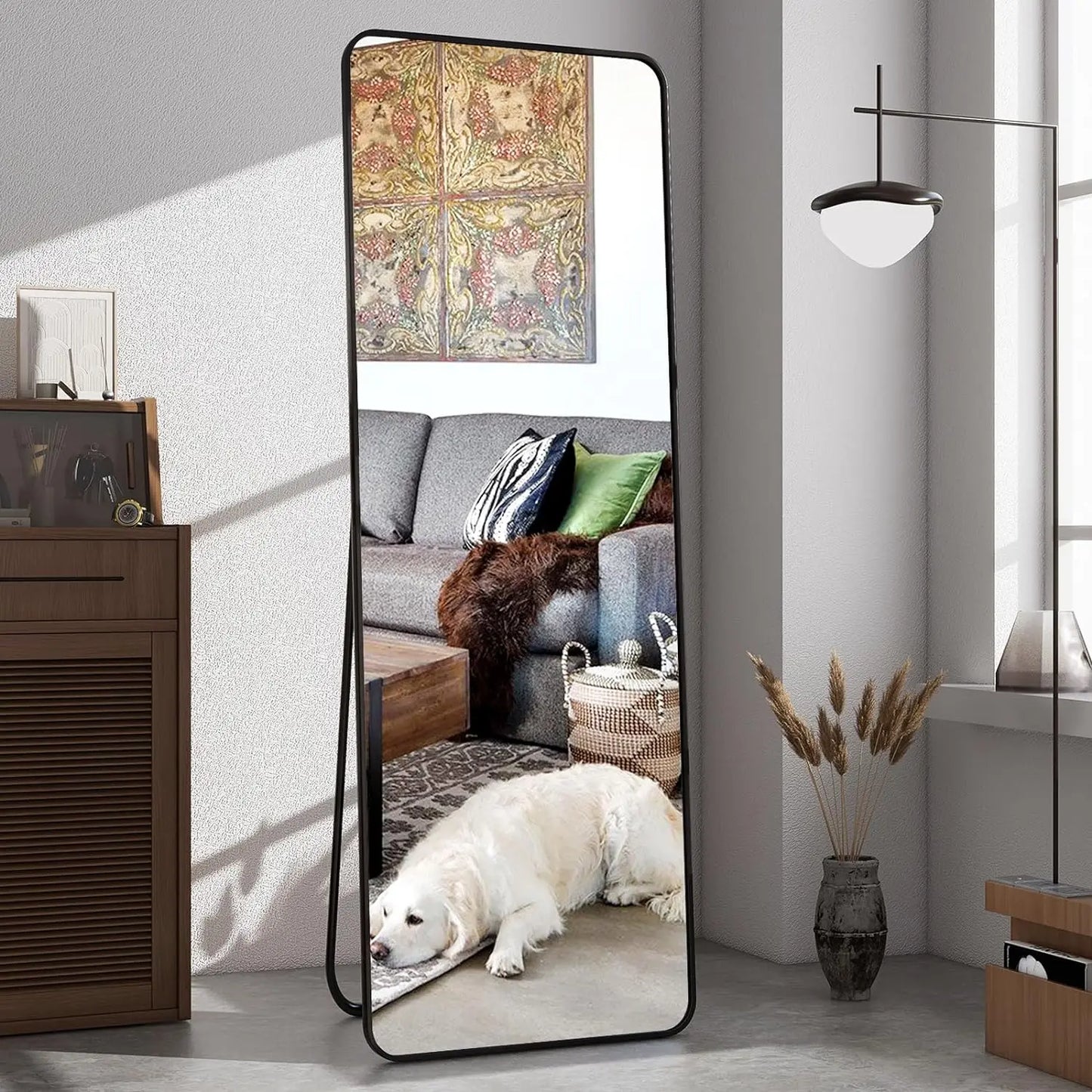 59"x16" Floor Full Length Mirror Standing Full Body Rounded Corner Rectangle Mirrors with Stand Hanging Wall Mounted Leaning