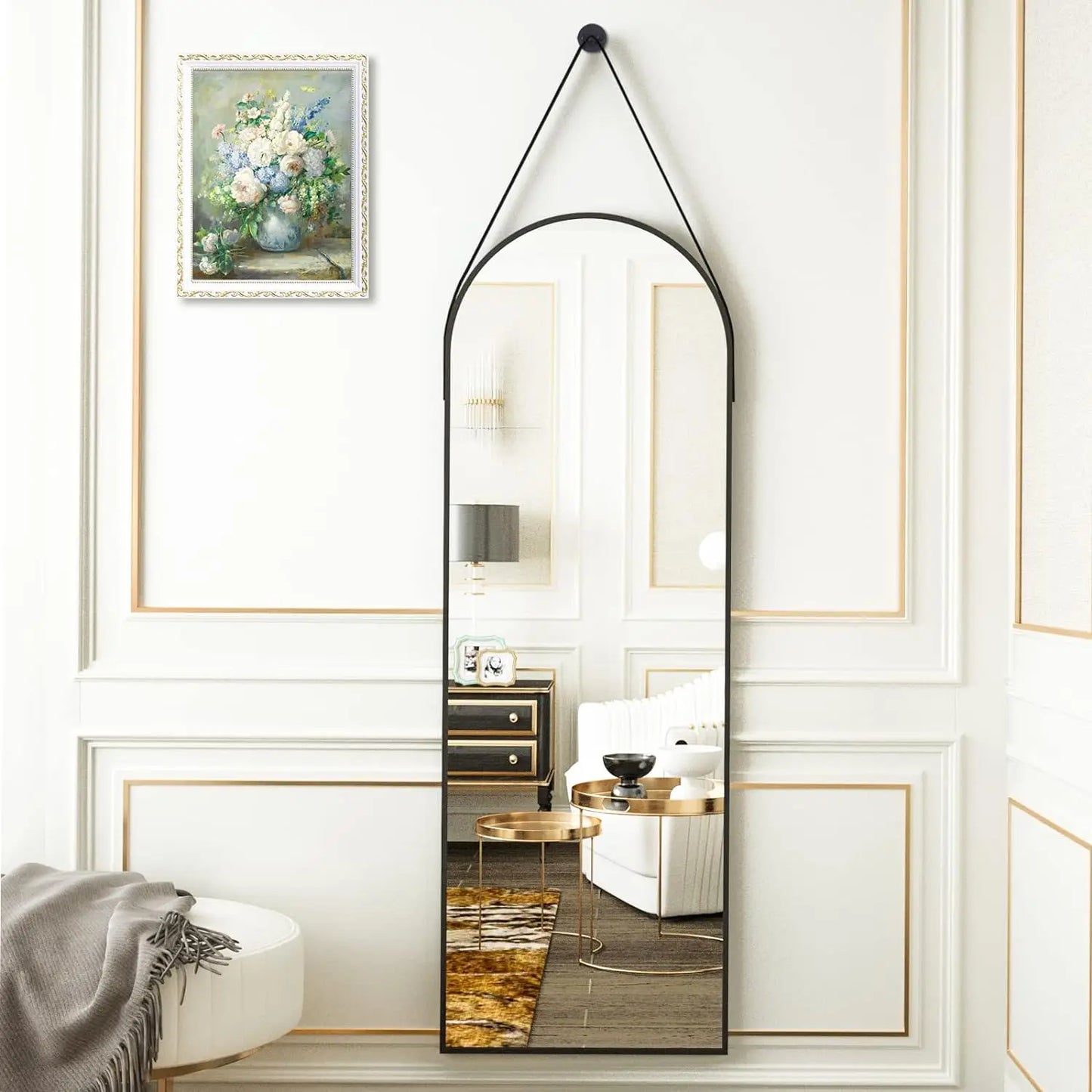 16"x48"Arched Mirror with Hanging Leather Strap Full Length Mirror Aluminum Frame Wall-Mounted Arch Mirror Hanging Mirrors