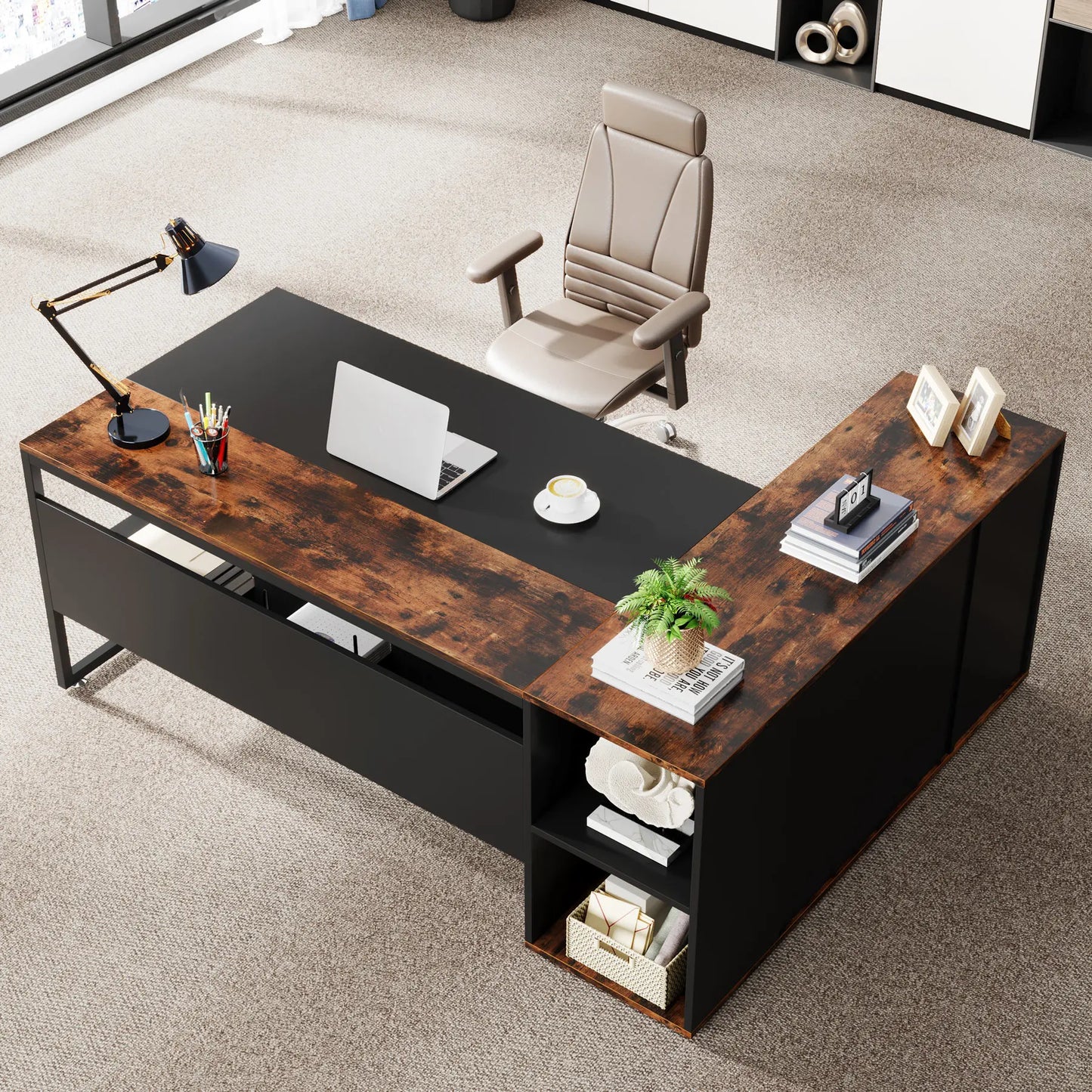 Tribesigns 71 inch Executive Desk, L Shaped Desk with Cabinet Storage, Executive Office Desk with Shelves