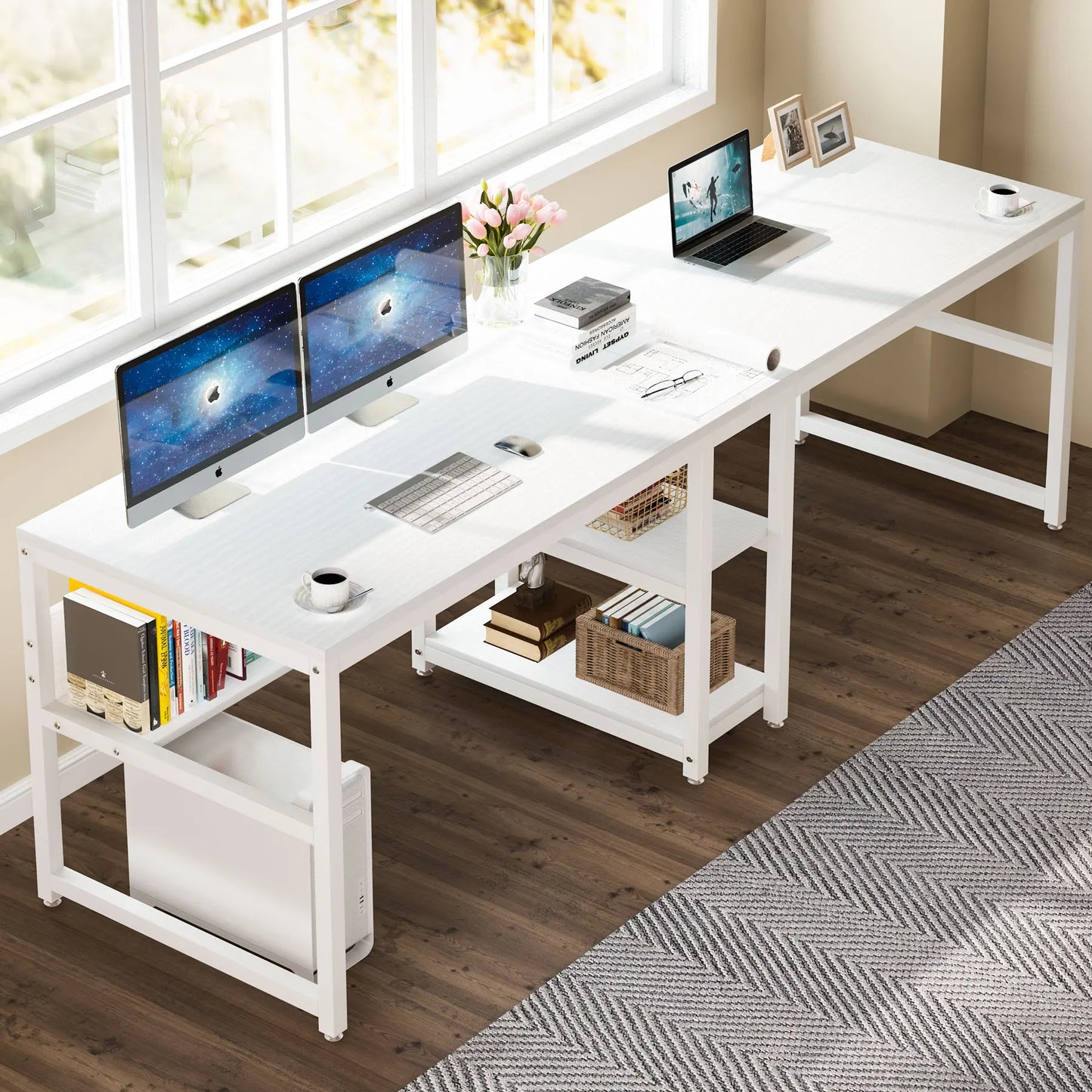 Tribesigns Two Person Desk with Bookshelf, 78.7 Computer Office Double Desk for Two Person, Rustic Writing Desk Workstation