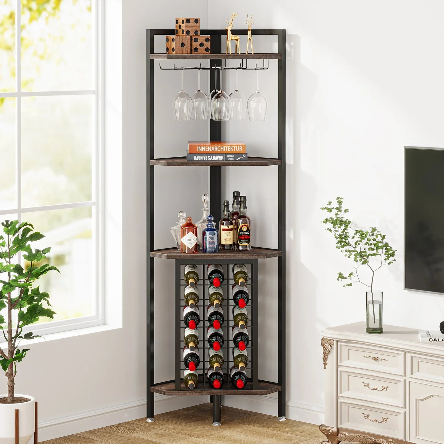 Tribesigns Wine Rack Bar Cabinet 4 Tier Corner Shelf with Glass Holder