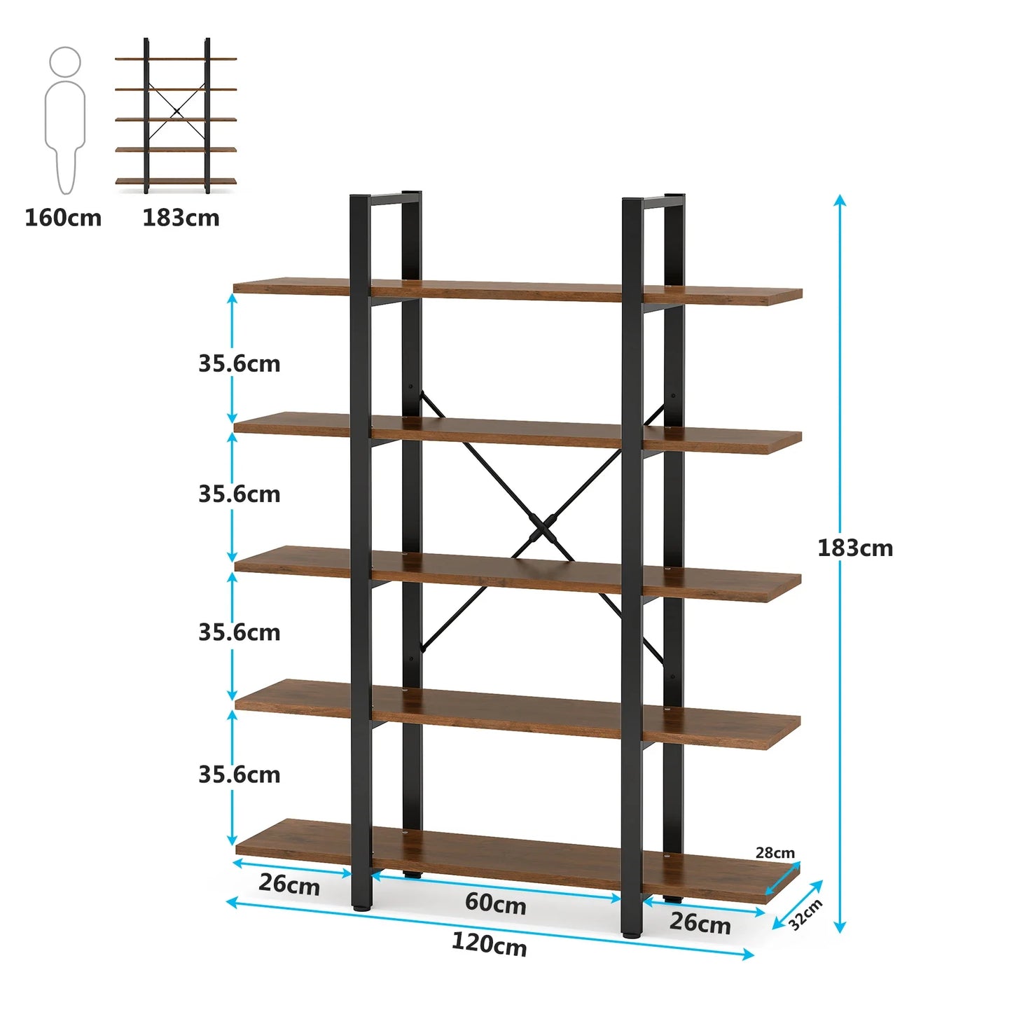 Tribesigns 5-Tier Bookshelf, Vintage Industrial Style Bookcase 72 H x 12 W x 47L Inches, Retro Brown