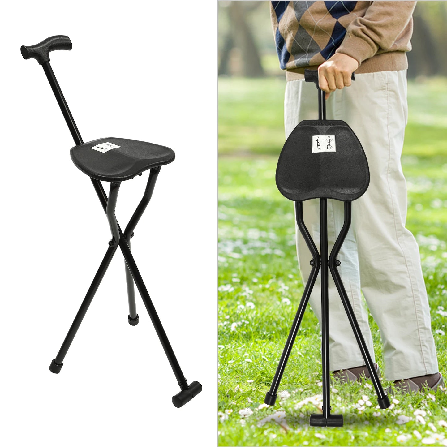 Portable Folding Walking Cane with Tripod Chair Seat Stool Heavy Duty Adjustable Walking Stick with Seat Folding