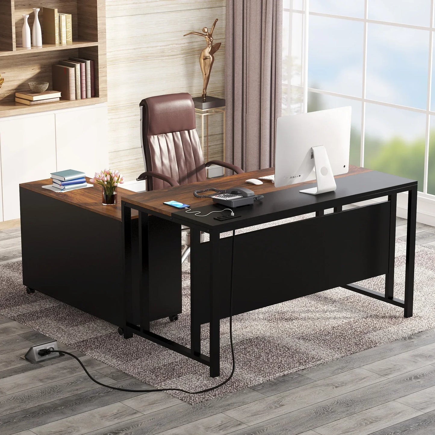 Tribesigns L-Shaped Computer Desk with Power Outlet and Drawer Cabinet with 40 inch Lateral File Cabinet