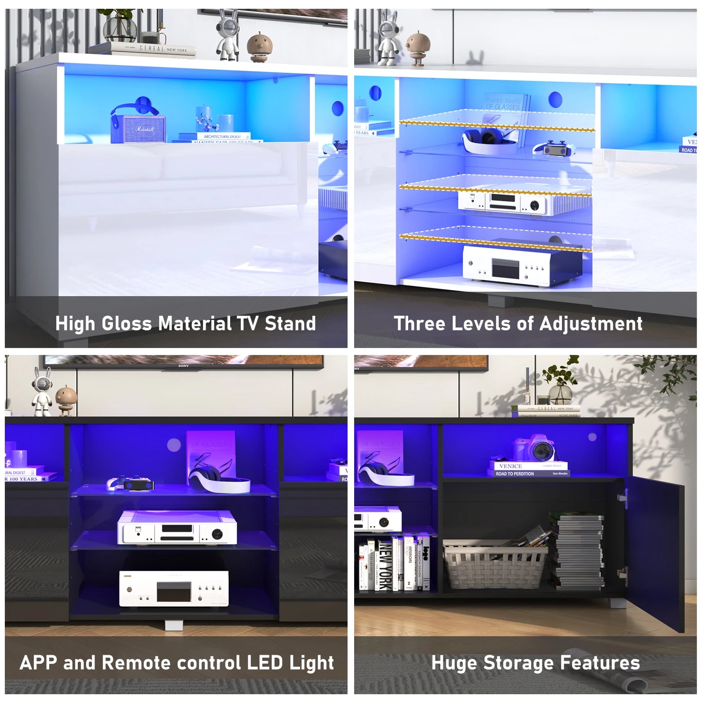 57" LED TV Stand for 55/60/65" TV, High Gloss TV Cabinet with Adjustable Storage Shelves, Modern LED Entertainment Center, White