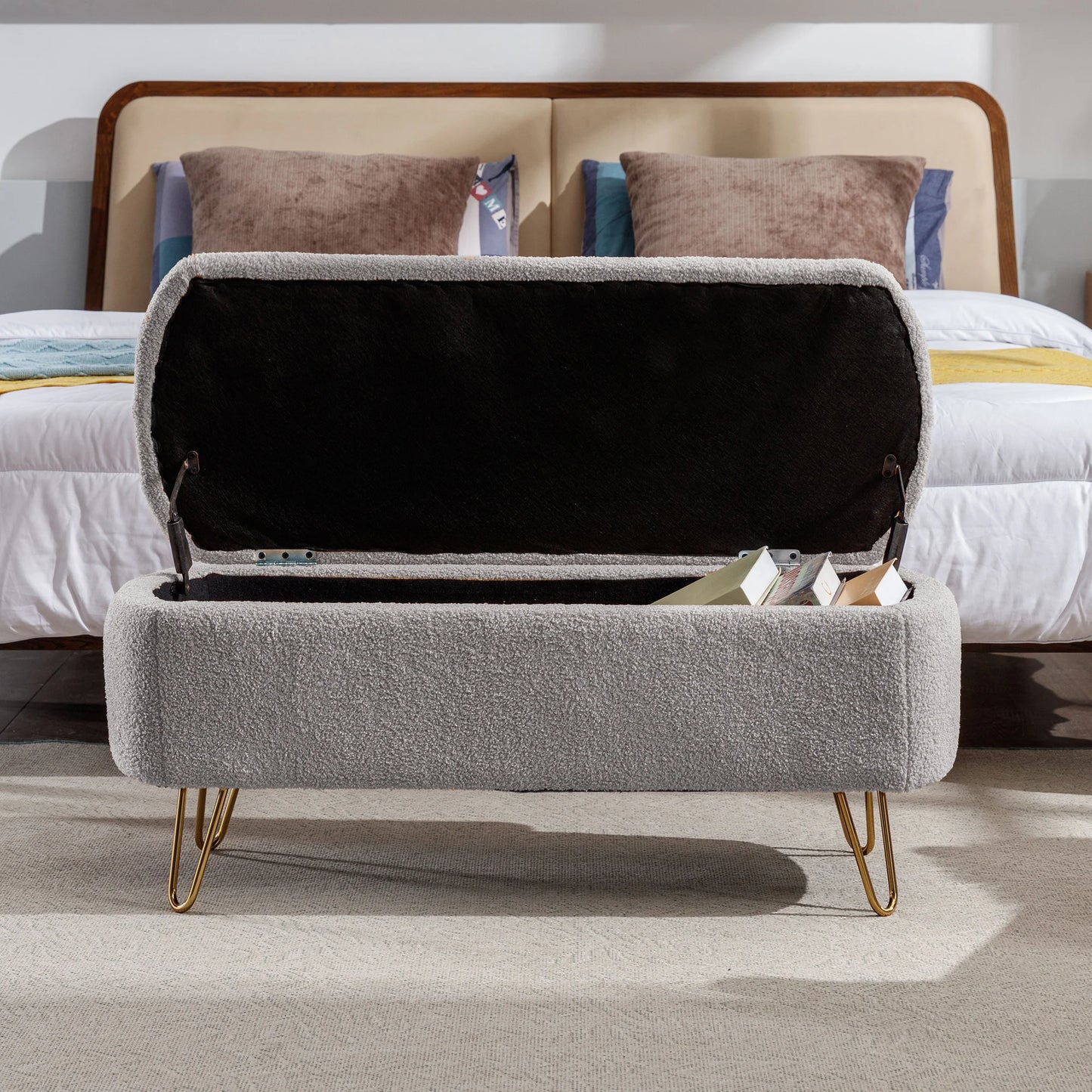 Storage Ottoman Bench for End of Bed Gold Legs Modern Faux Fur Entryway Bench Upholstered Padded for Living Room Bedroom 5Colors