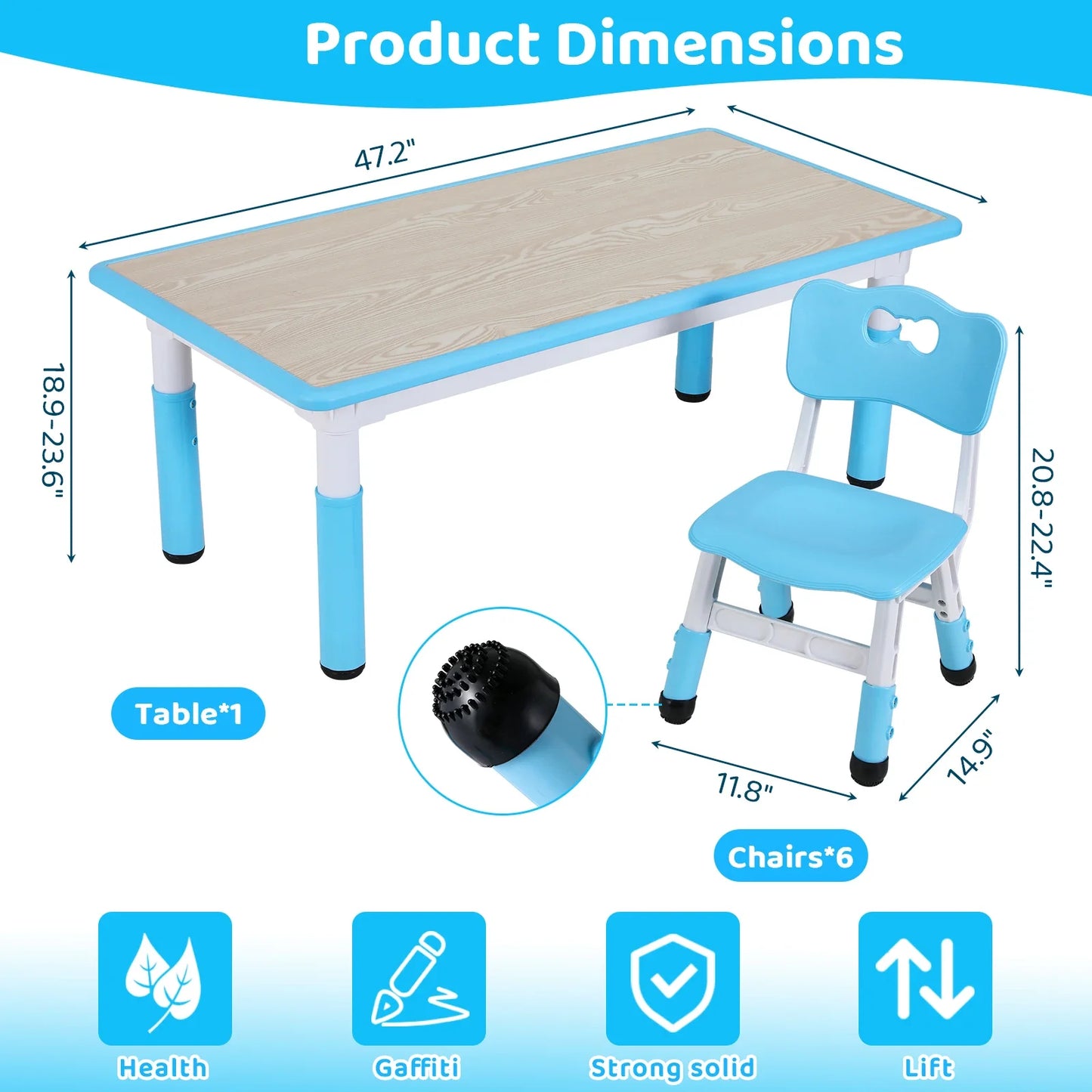 Rectangle Kids Table with 6 Chairs Set, Height Adjustable Toddler Multi Activity Table Set, Arts&Crafts Desk for Girls, 2-10 old