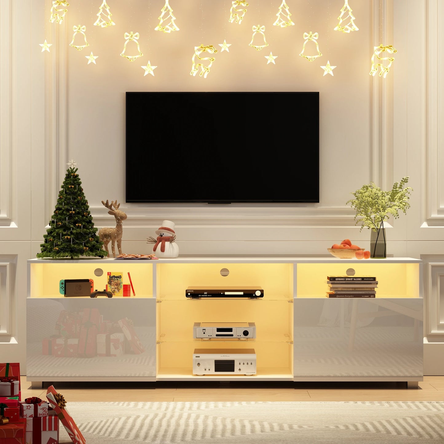 57" LED TV Stand for 55/60/65" TV, High Gloss TV Cabinet with Adjustable Storage Shelves, Modern LED Entertainment Center, White