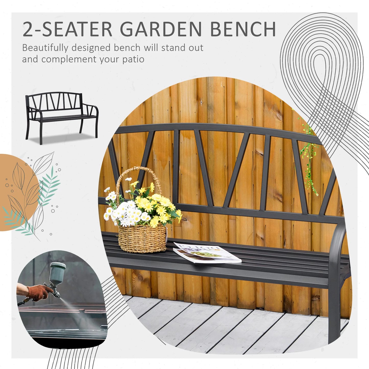 50.5" x 22" 2-Person Garden Bench w/ Ergonomic Armrests & Slatted Seat Design