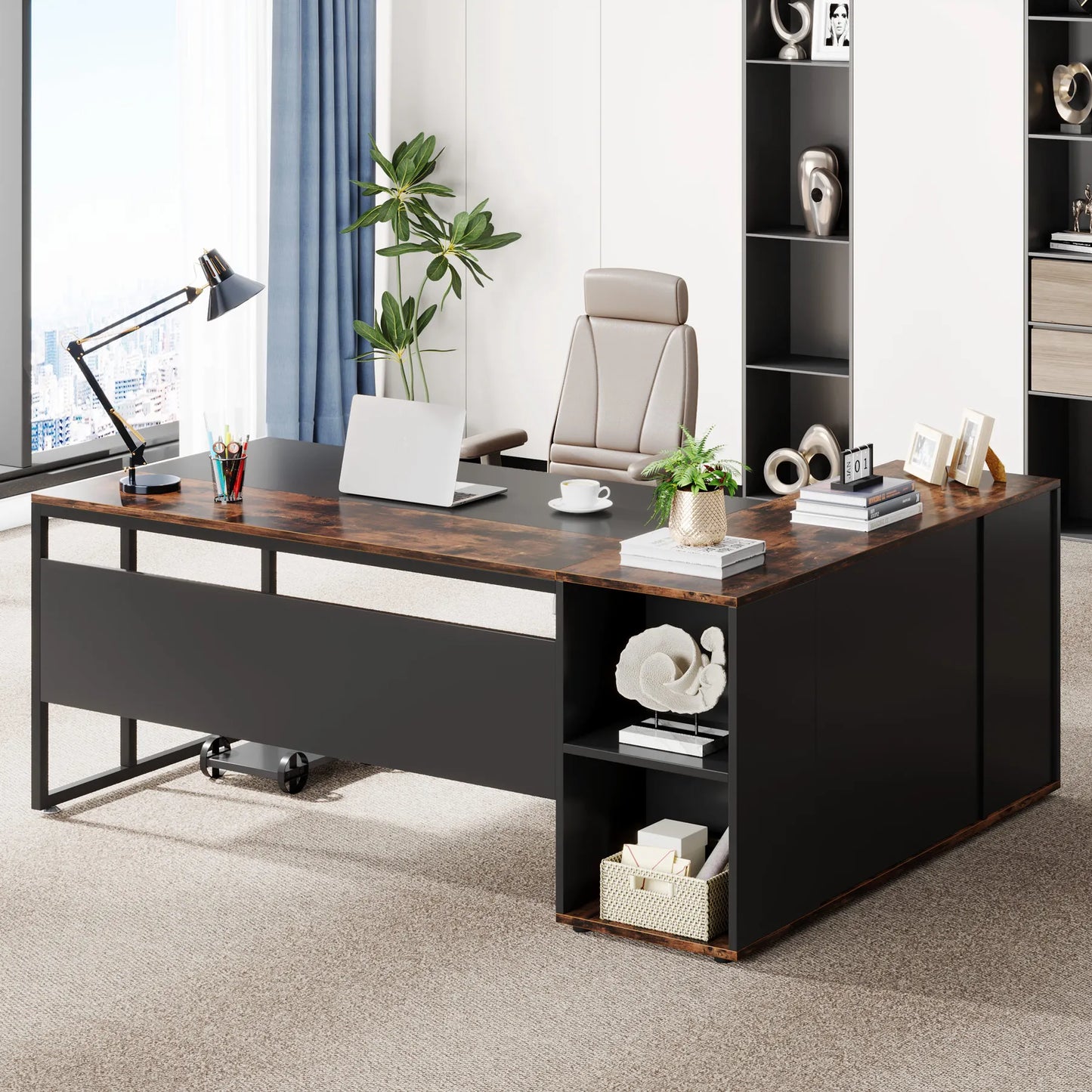 Tribesigns 71 inch Executive Desk, L Shaped Desk with Cabinet Storage, Executive Office Desk with Shelves