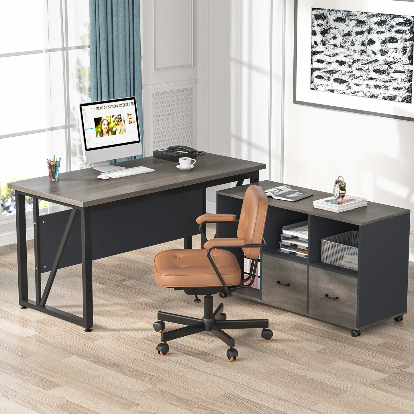 Tribesigns 55 inches Executive Desk and 43" lateral File Cabinet, L-Shaped Computer Desk Home Office Furniture