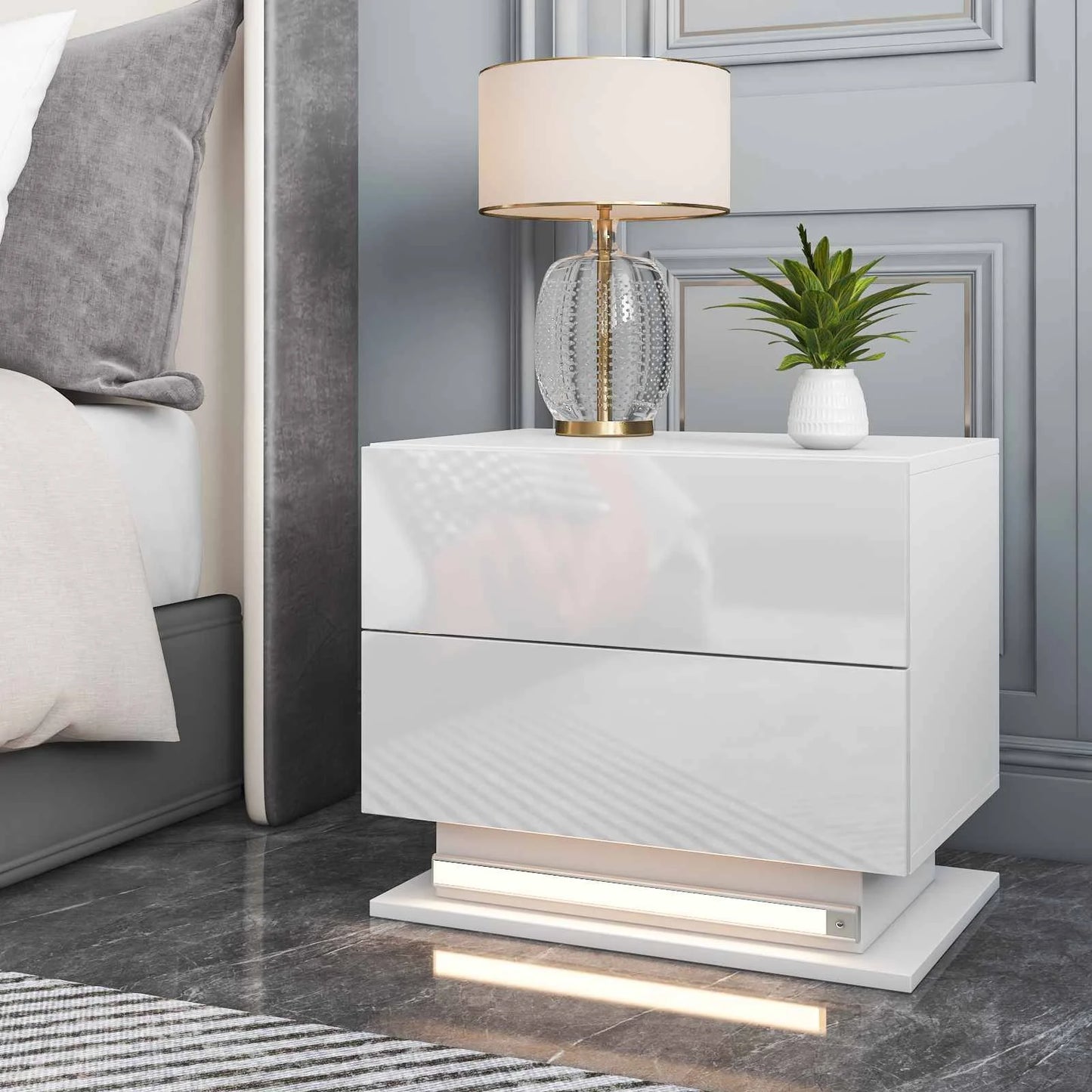 Modern Nightstands Adjustable 3 Color LED Lights with 2 Drawer Auto Sensor Light Bedside Table Storage Cabinet White US STOCK