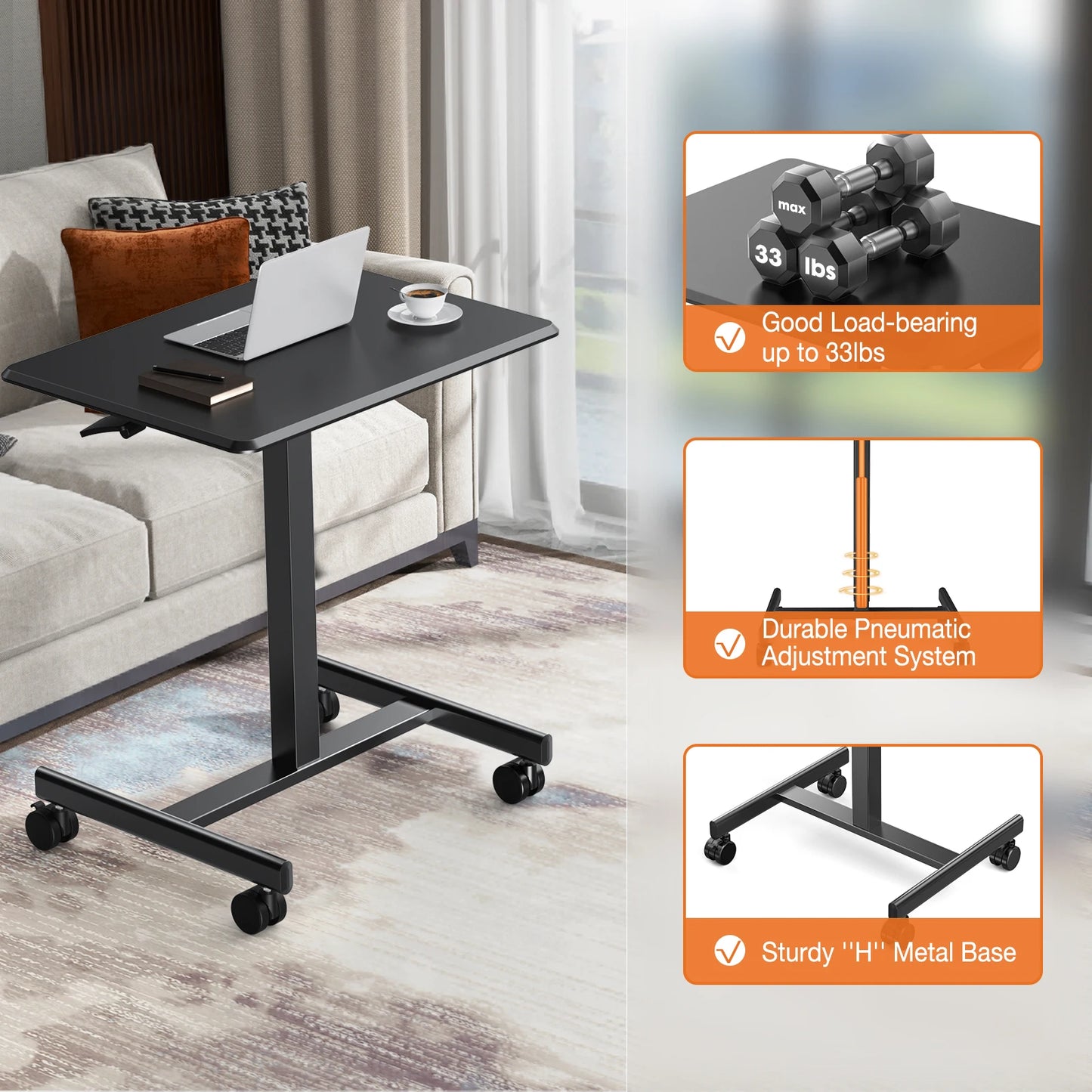 JHK Portable Laptop Height Adjustable Table,Mobile Sitting Workstation,With Lockable Wheels,Suitable For Work And Learning