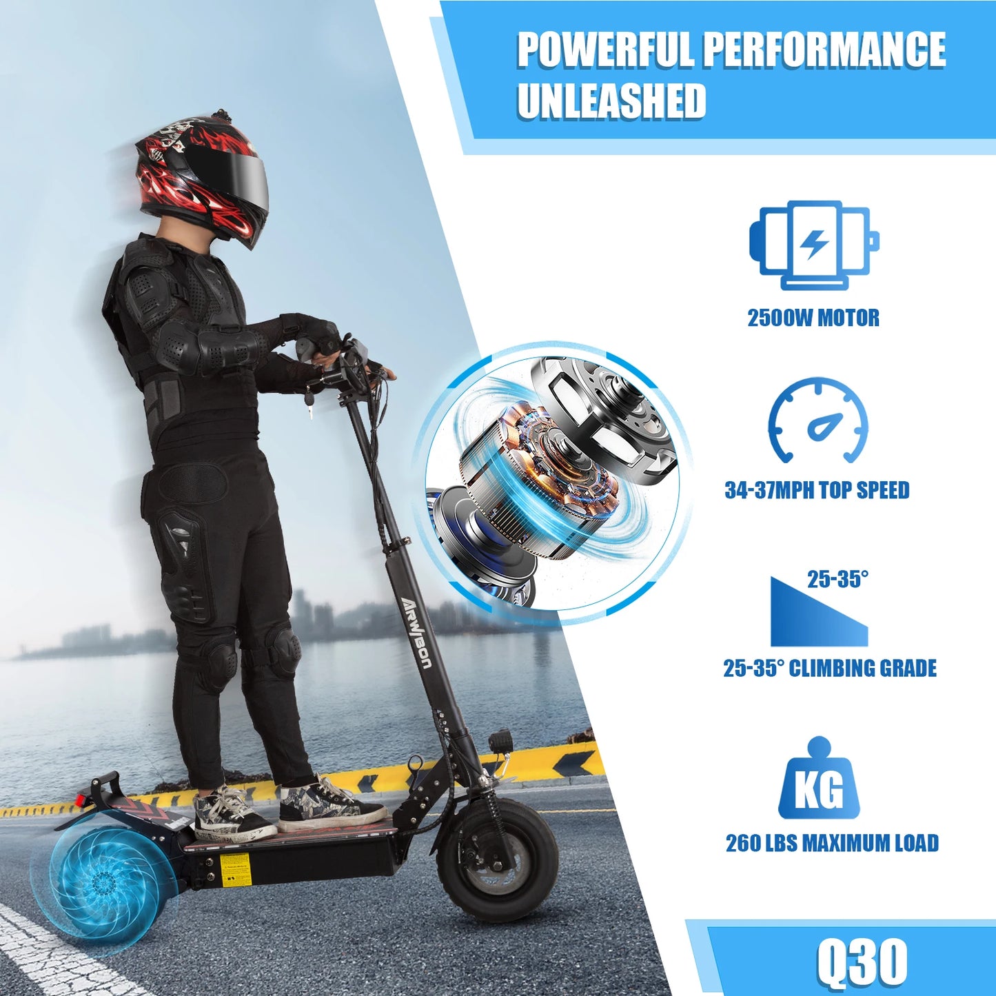 Arwibon Q30 Adult Electric Scooter 2500W Motor Top Speed 38 MPH, 48V16AH, 11 Inch Off-Road Tires Sport Commuter Folding EScooter