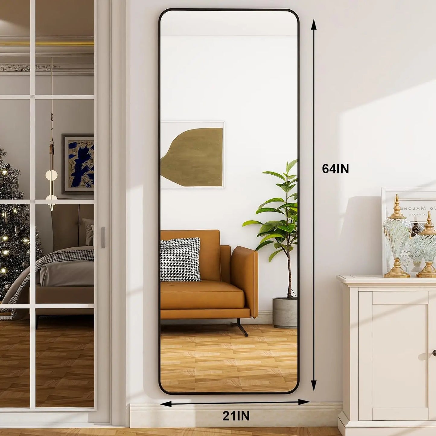 64"x21“ Rounded Full Length Mirror Aluminum Frame Mirror Full Length Floor Mirror with Stand for Living Room Bedroom Cloakroom