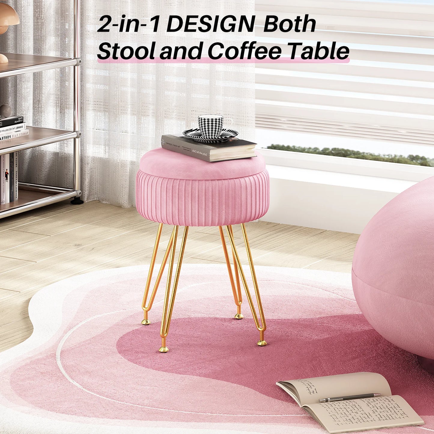 Redlife Velvet Vanity Stool Chair with Storage Multifunctional Makeup Chair Footrest with Anti-Slip Feet for Living Room Bedroom