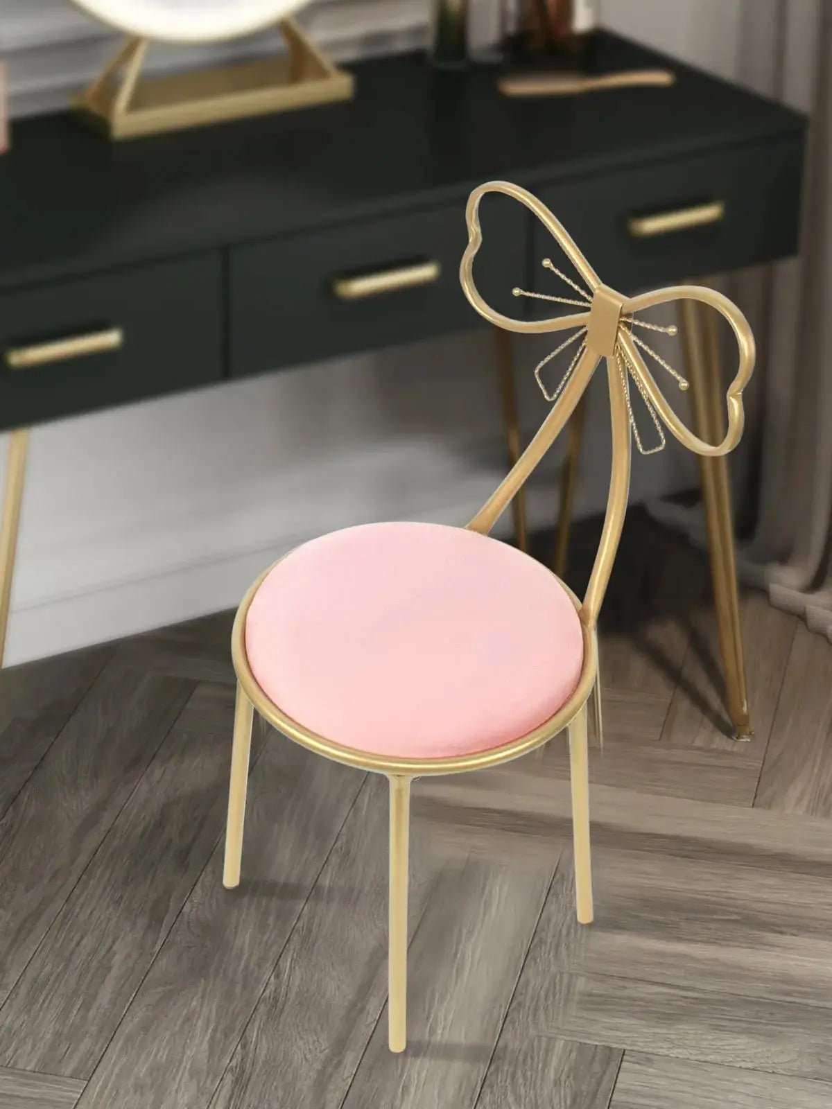 Vanity Stool Chair for Makeup Modern Velvet Butterfly Accent Chair Pink Cute Girls Bow Knot Backrest Chair Bedroom Home Decor