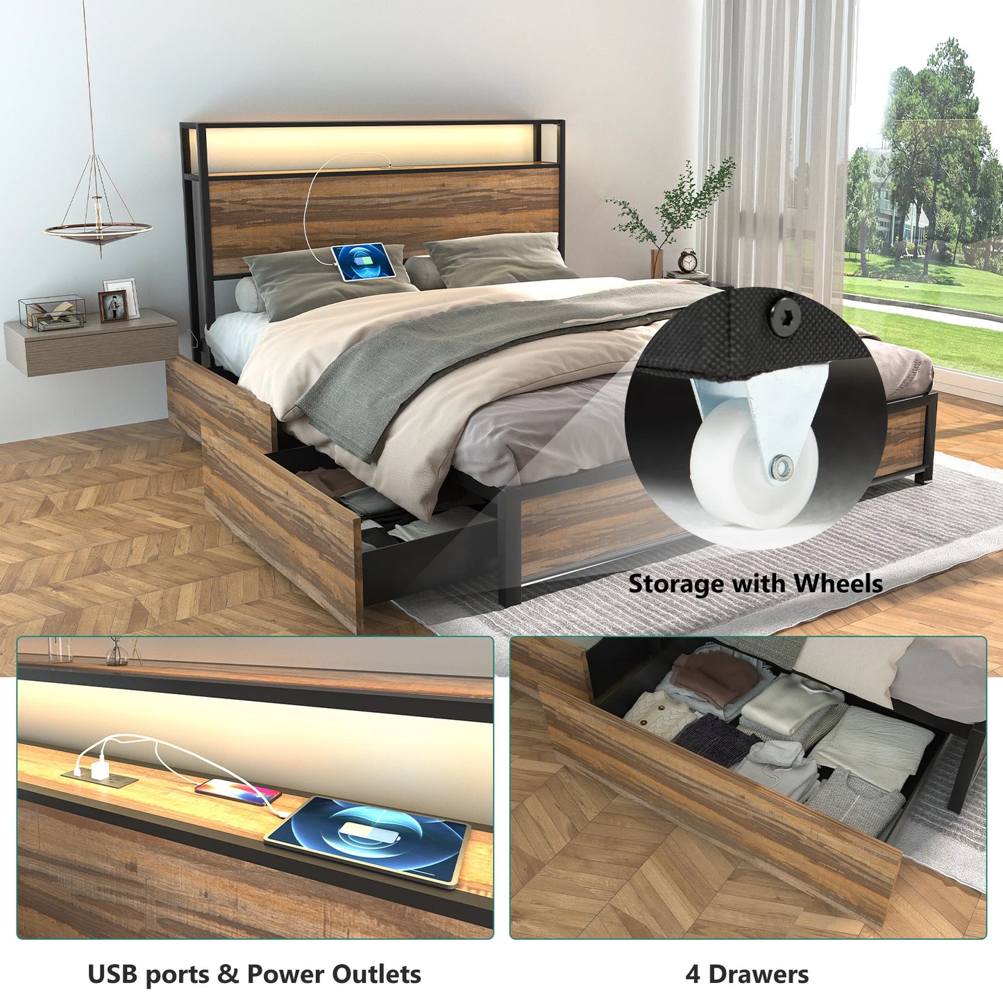 Queen/Full Bed Frame with Charging Station & Led Lights, Platform Bed Frame with 4 Storage Drawers and Headboard