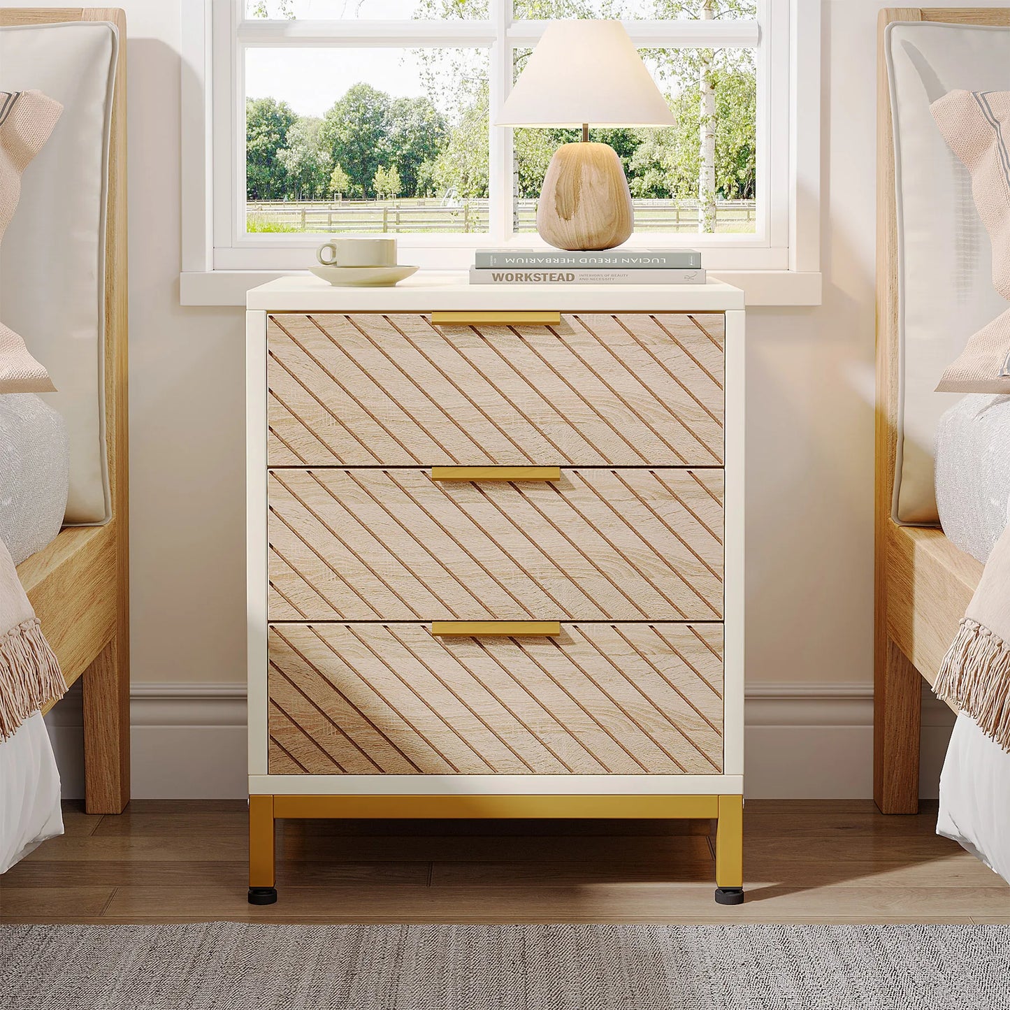 Tribesigns Night Stands for Bedrooms, White and Gold Light Wood Grain Nightstands with 3 Drawers Bedside Tables