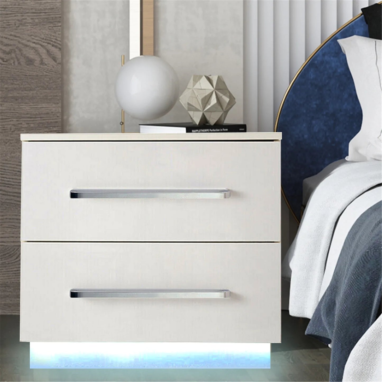 CNCEST Modern Bedside End Table with LED Light Bedside Nighstand Table with 2 Drawers Remote Control for Light Colors Changing