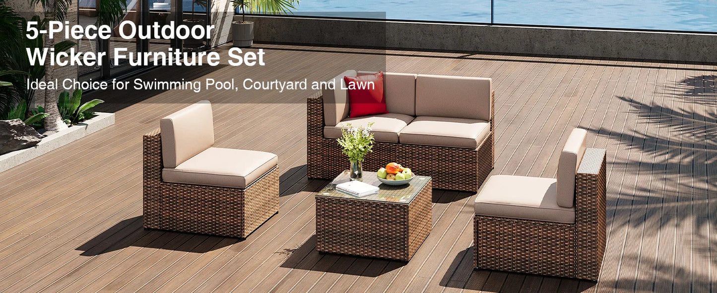 Aoxun Patio Furniture Set 5PCS Wicker Rattan Conversation Set Outdoor Sectional Sofa Set with Coffee Table (Brown)