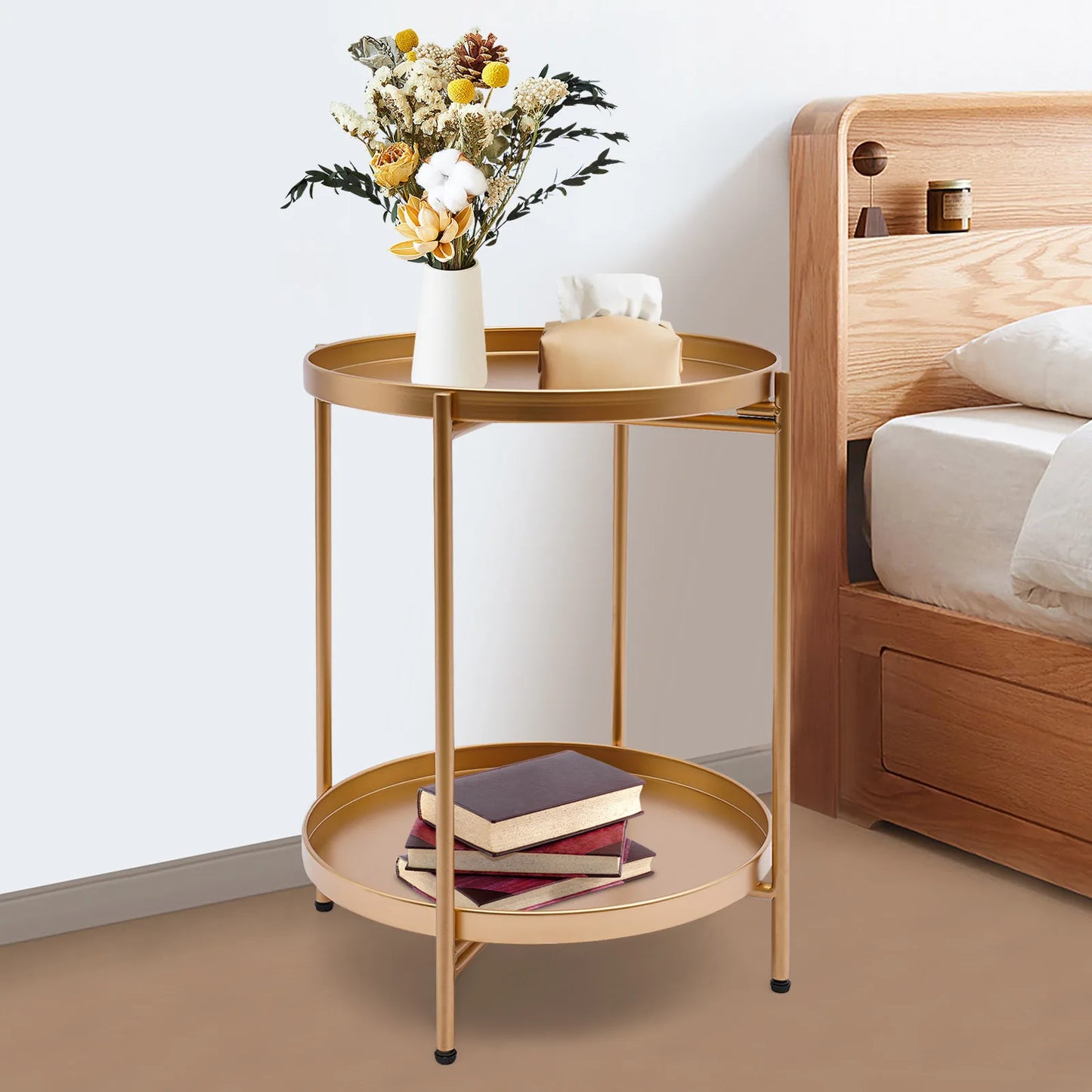 Outdoor or Home 2 Tier Round Gold Side Table Used as a Dining Table Bedroom Nightstand Garden or Camping Table Outdoor Furniture