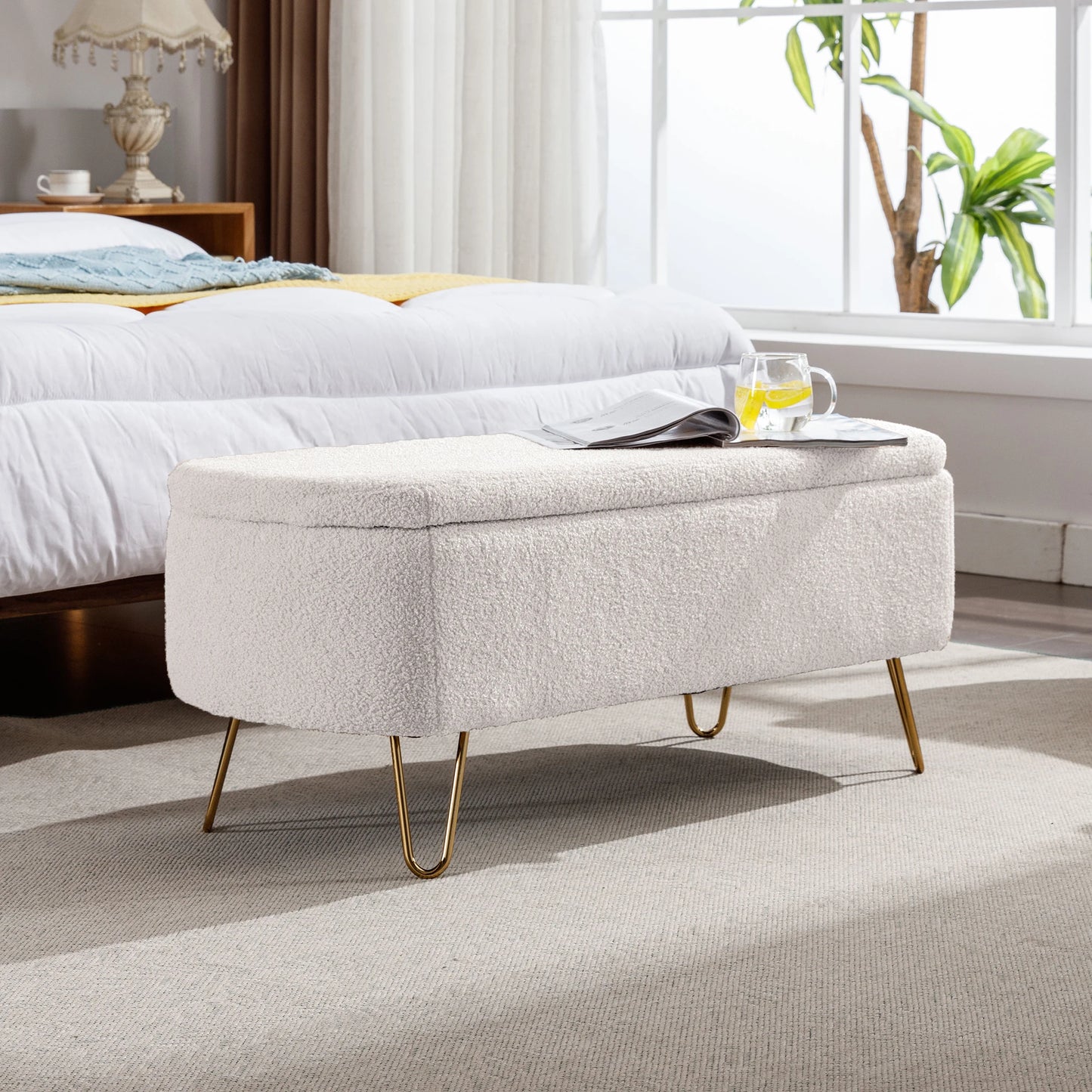 Storage Ottoman Bench for End of Bed Gold Legs Modern Faux Fur Entryway Bench Upholstered Padded for Living Room Bedroom 5Colors