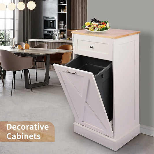 Trash Cabinet Tilt Out Freestanding, Pet Proof Kitchen Trash Cabinet Laundry Hamper with Cutting Board, Hideaway Trash