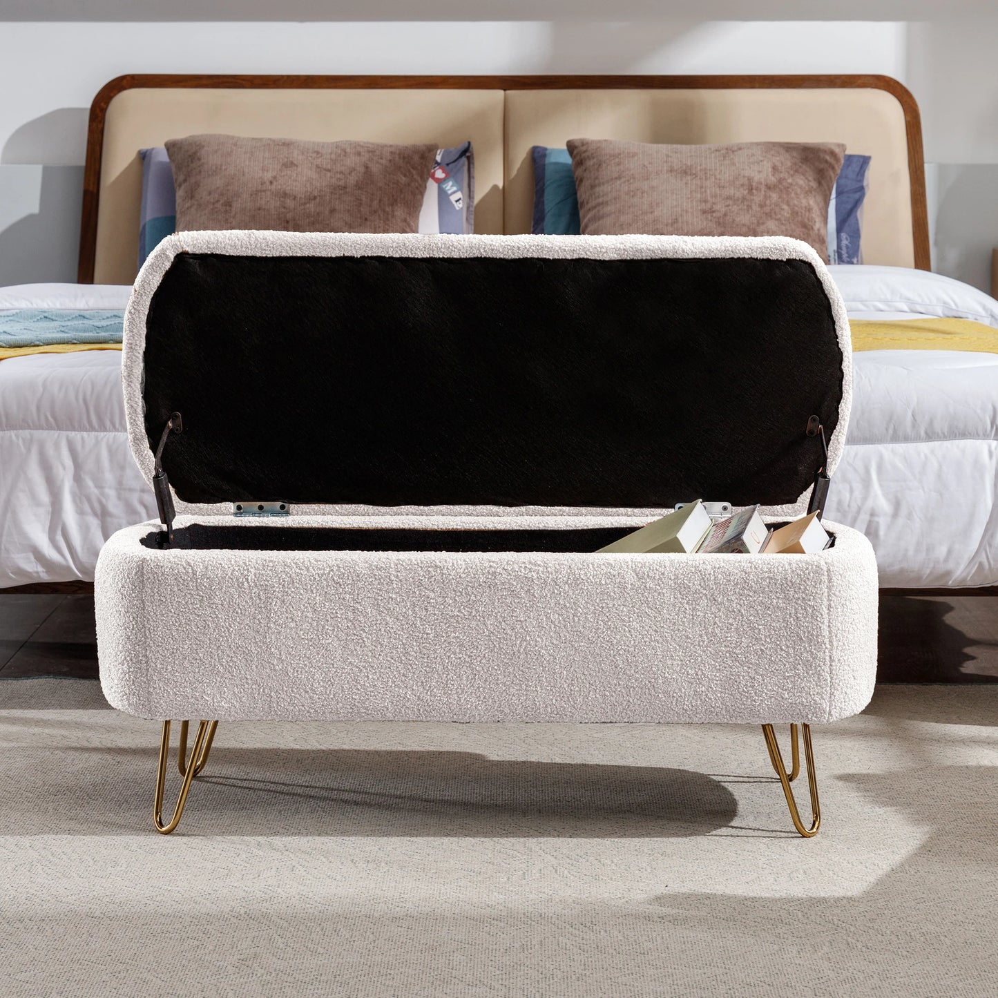 Storage Ottoman Bench for End of Bed Gold Legs Modern Faux Fur Entryway Bench Upholstered Padded for Living Room Bedroom 5Colors