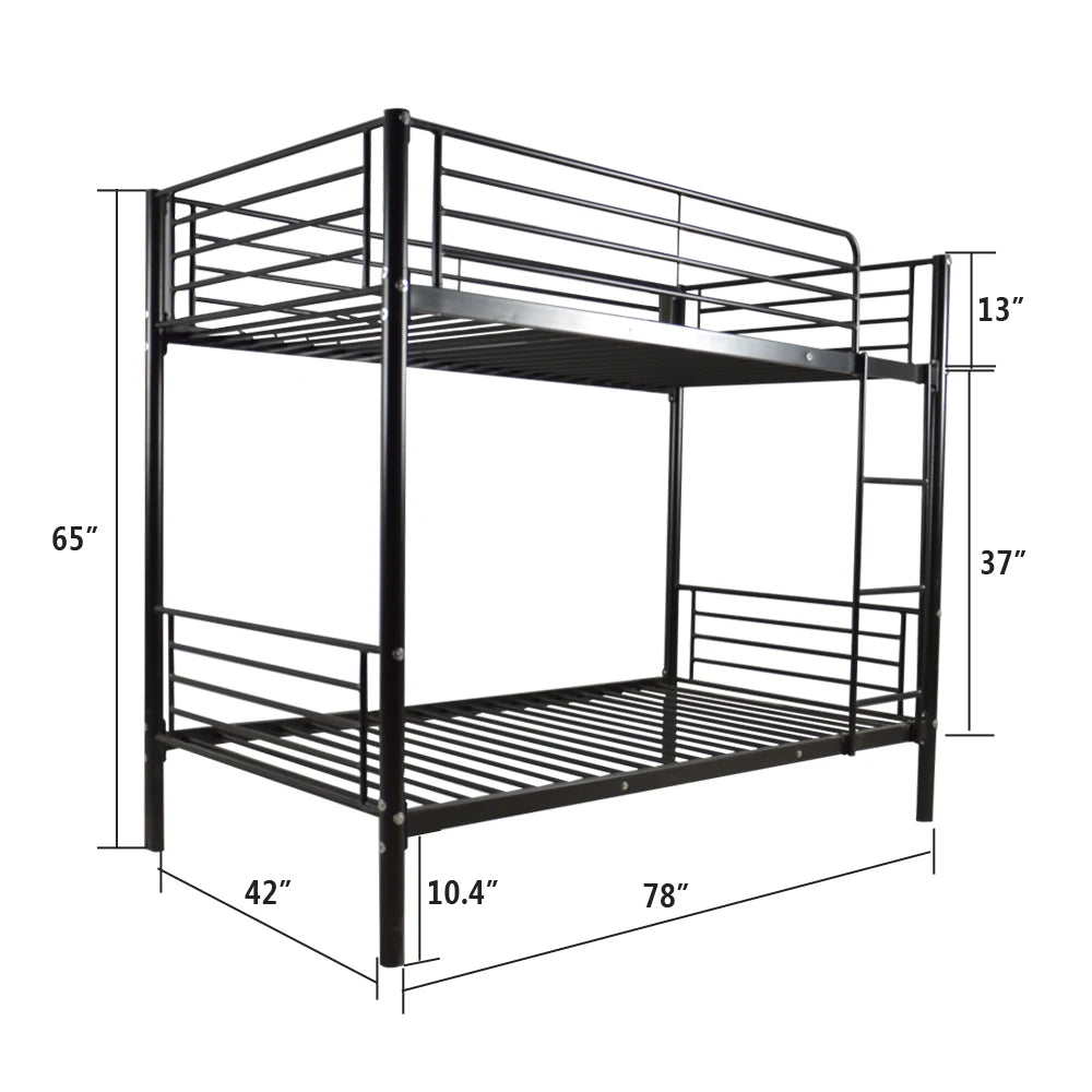 Iron Bed Bunk Bed with Ladder for Kids Twin Size Black