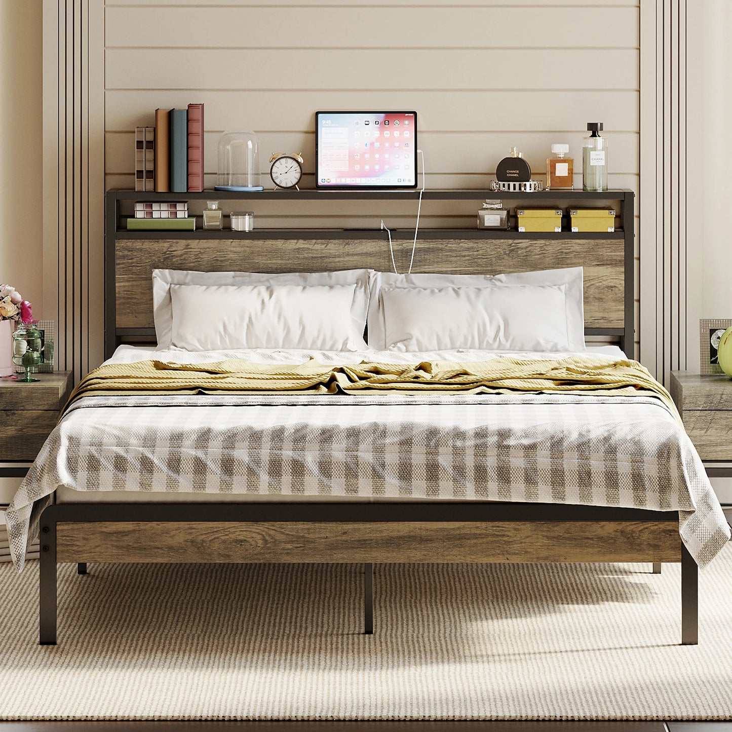 Bed Frame with Storage Headboard, Platform Bed with Charging Station, Solid and Stable, Noise Free, Easy Assembly, Walnut