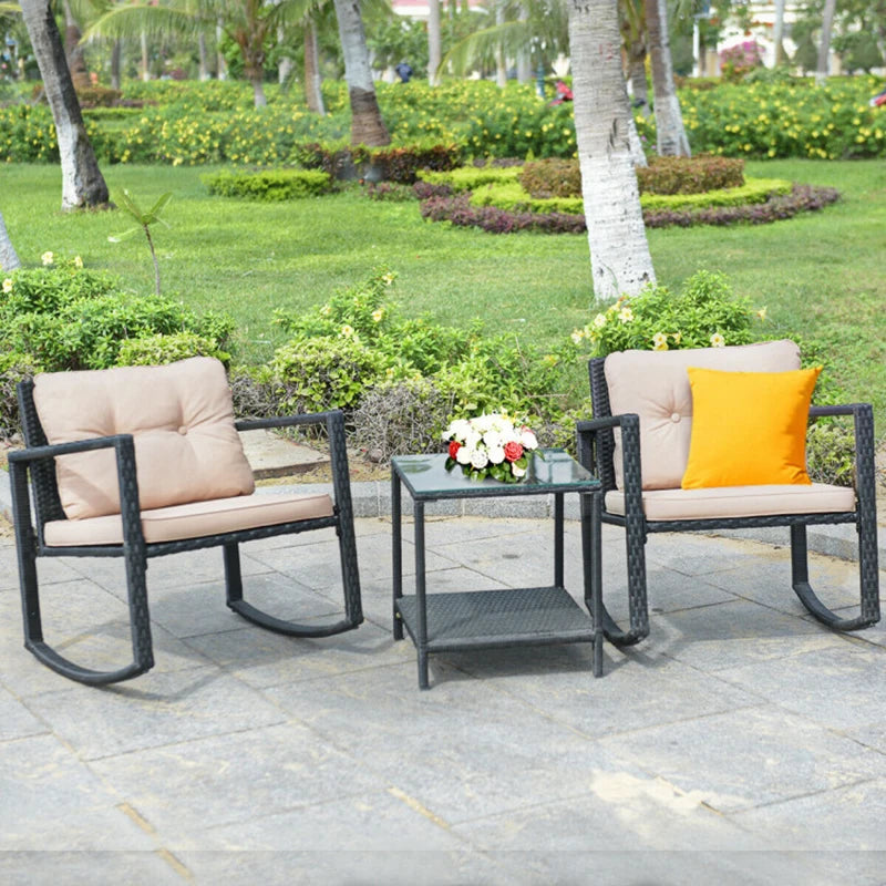 3pcs/Set Cushioned Patio Rattan Rocking Chair Table Set Sturdy Frame Exquisite Rattan Rocking Design Chair Outdoor Furniture Set