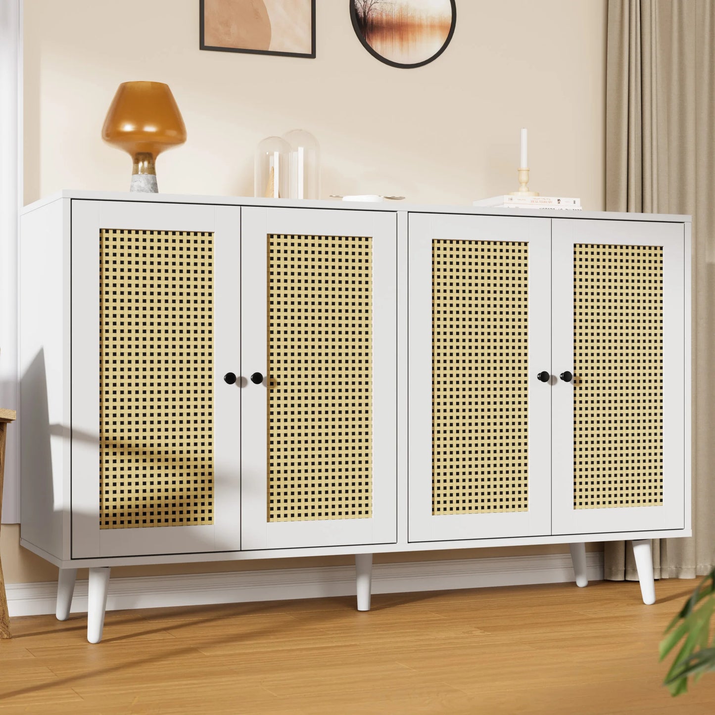 Rattan Buffet Cabinet with Storage, Accent Sideboard Cabinet with 4 Rattan Doors, Storage Cabinet for Living Room, Kitchen Room