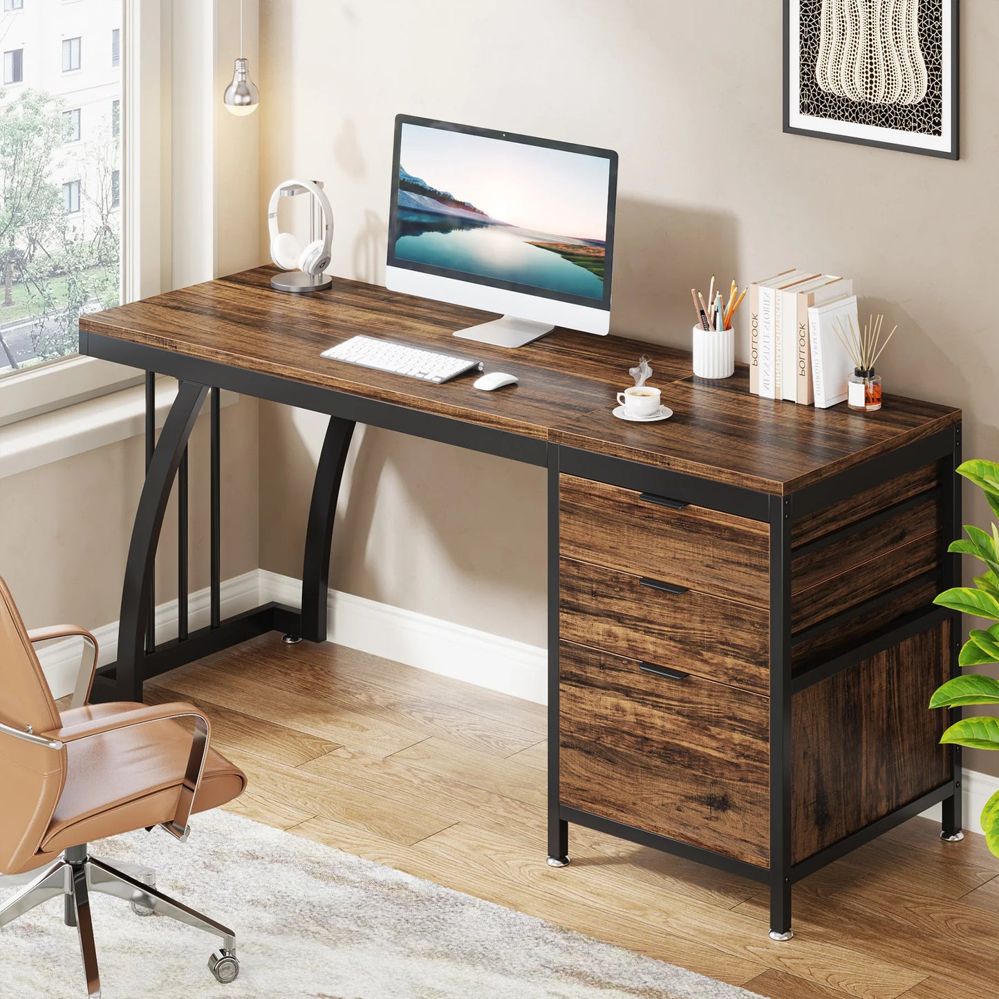 Tribesigns Computer Desk with 3 Drawers, 59-Inch PC Desk with Reversible Drawers, Industrial Study Writing Table Workstation