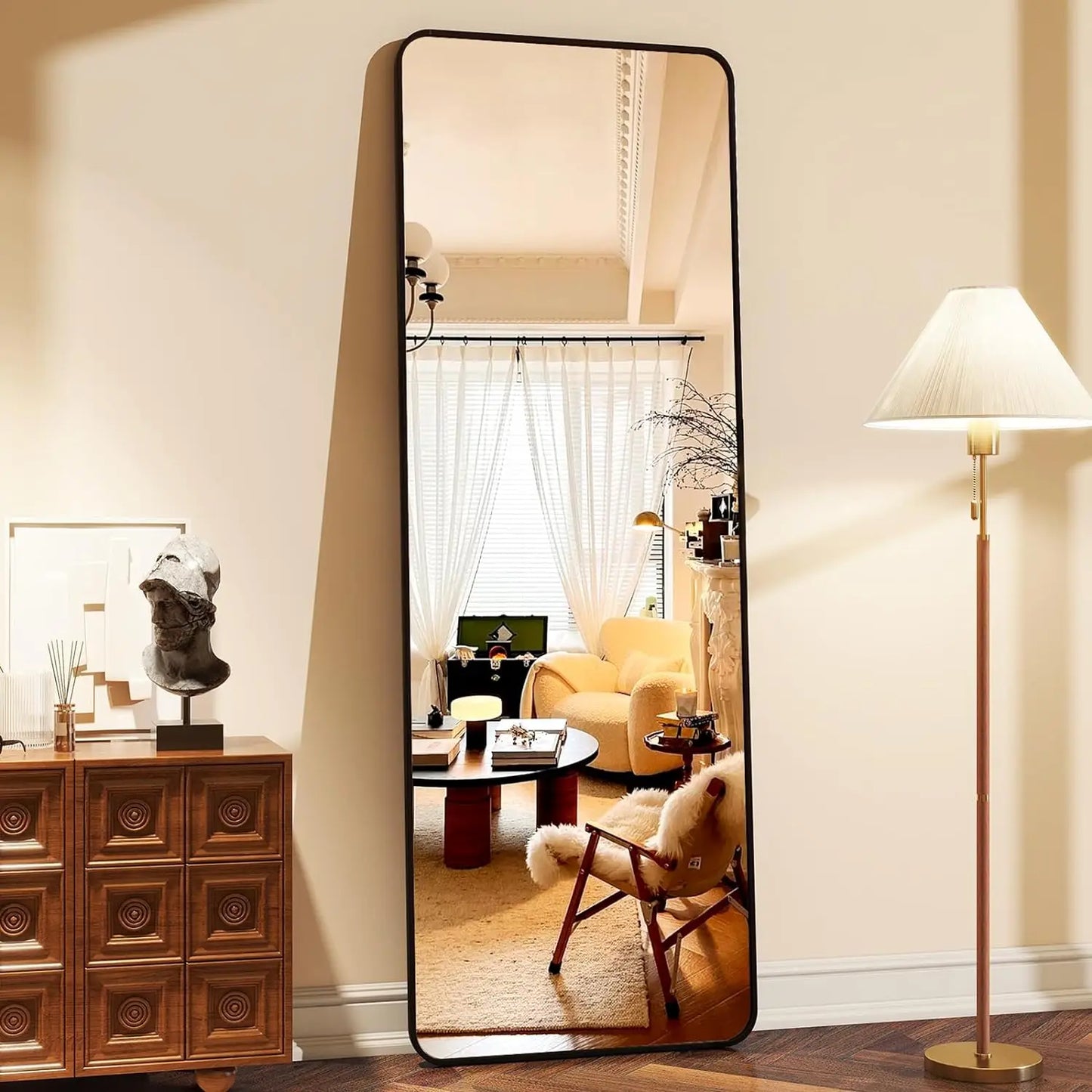 59"x16" Floor Full Length Mirror Standing Full Body Rounded Corner Rectangle Mirrors with Stand Hanging Wall Mounted Leaning