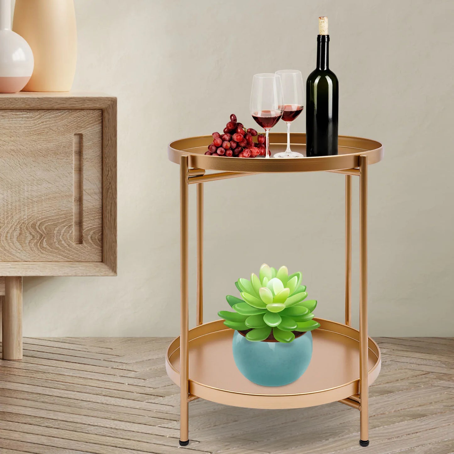 Outdoor or Home 2 Tier Round Gold Side Table Used as a Dining Table Bedroom Nightstand Garden or Camping Table Outdoor Furniture