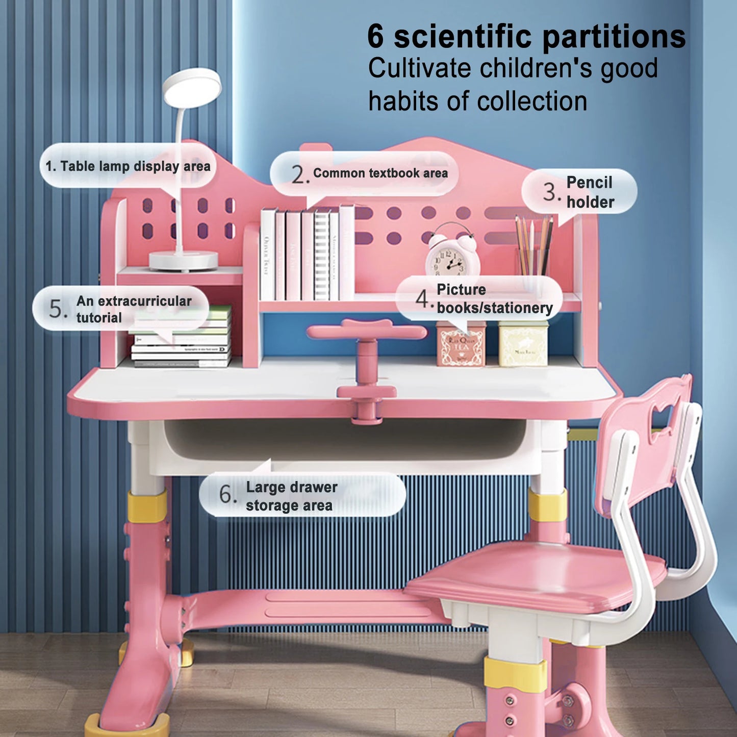 Kids Desk and Chair Set Height Adjustable, Ergonomic Children School Writing Study Table Desktop with Drawers Workstation