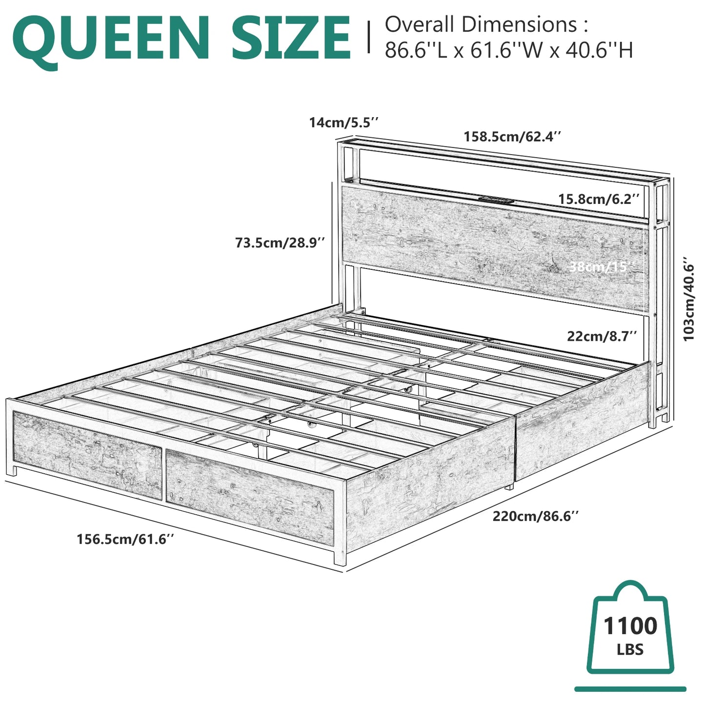 Queen/Full Bed Frame with Charging Station & Led Lights, Platform Bed Frame with 4 Storage Drawers and Headboard