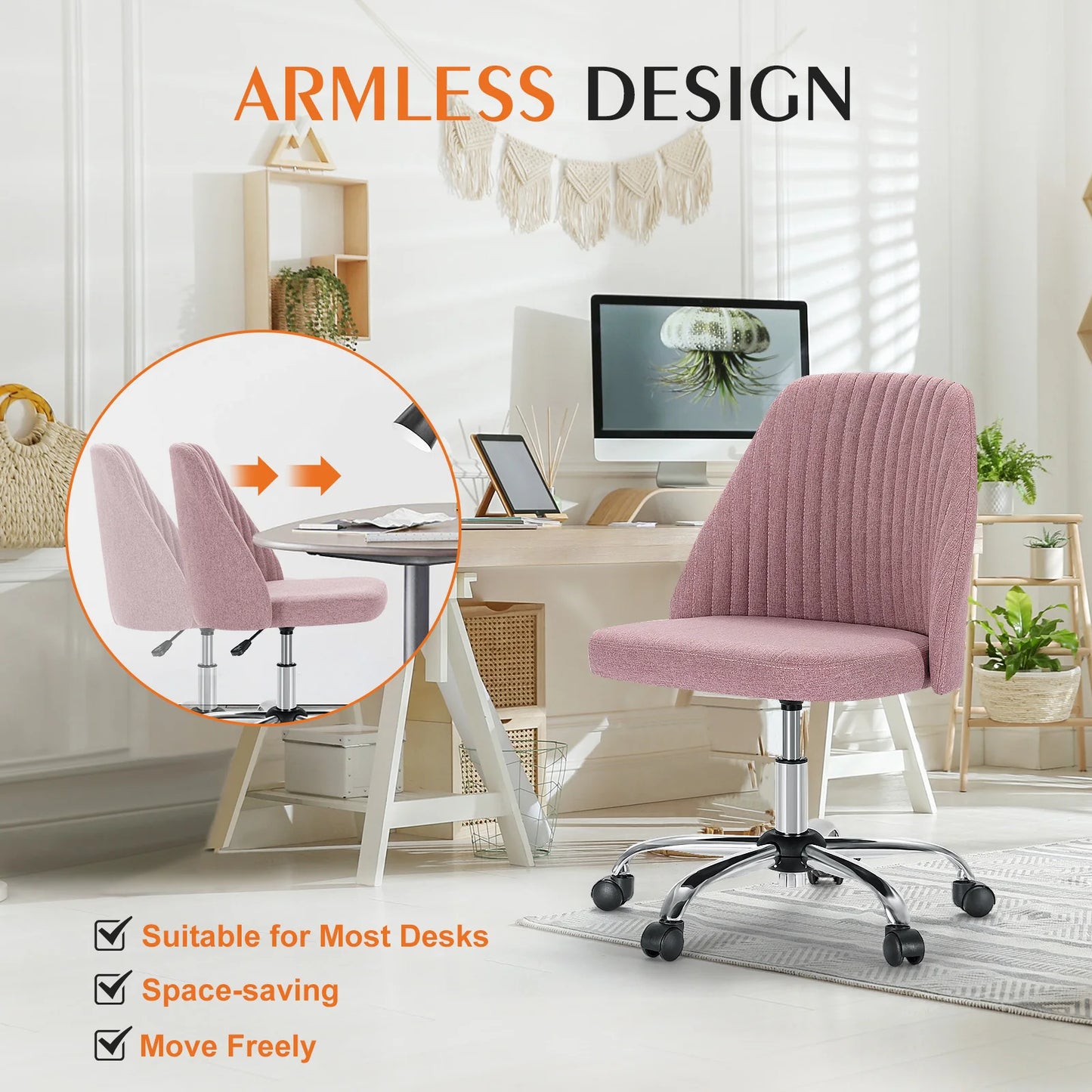 JHK Armless Small Desk Office Chair Cute Vanity Swivel Chair with Back Modern Fabric with Wheels Swivel Task Home Computer Chair