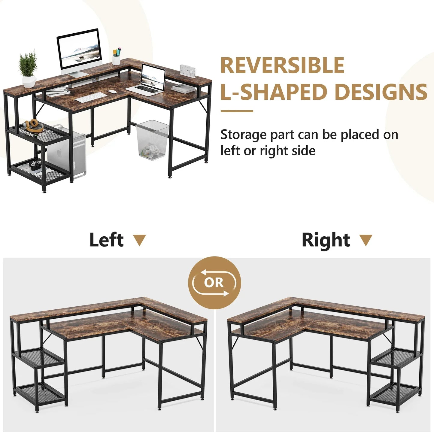 Tribesigns 69 Inch L Shaped Desk with Monitor Stand Large Reversible Corner Desk with Storage Shelf Industrial Computer Table