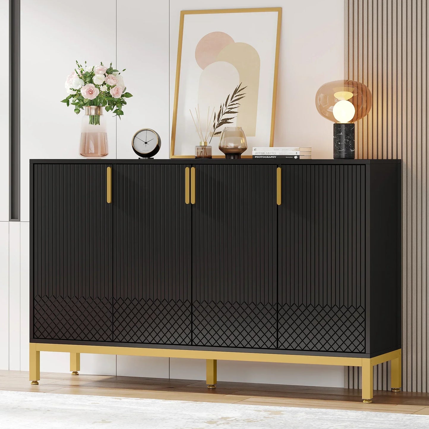 Tribesigns Black Storage Cabinet, 59 Inch Console Cabinet Sideboard Buffet Cabinet with 4 Doors, Entryway Cupboard Furniture