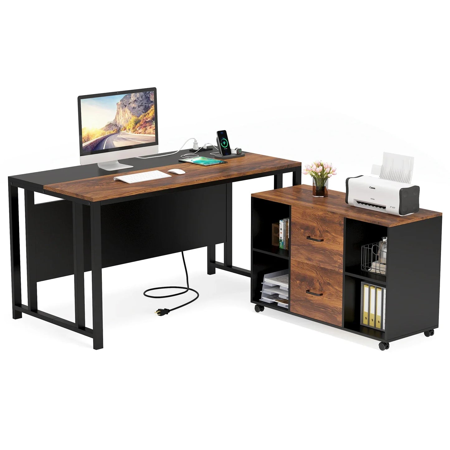 Tribesigns L-Shaped Computer Desk with Power Outlet and Drawer Cabinet with 40 inch Lateral File Cabinet