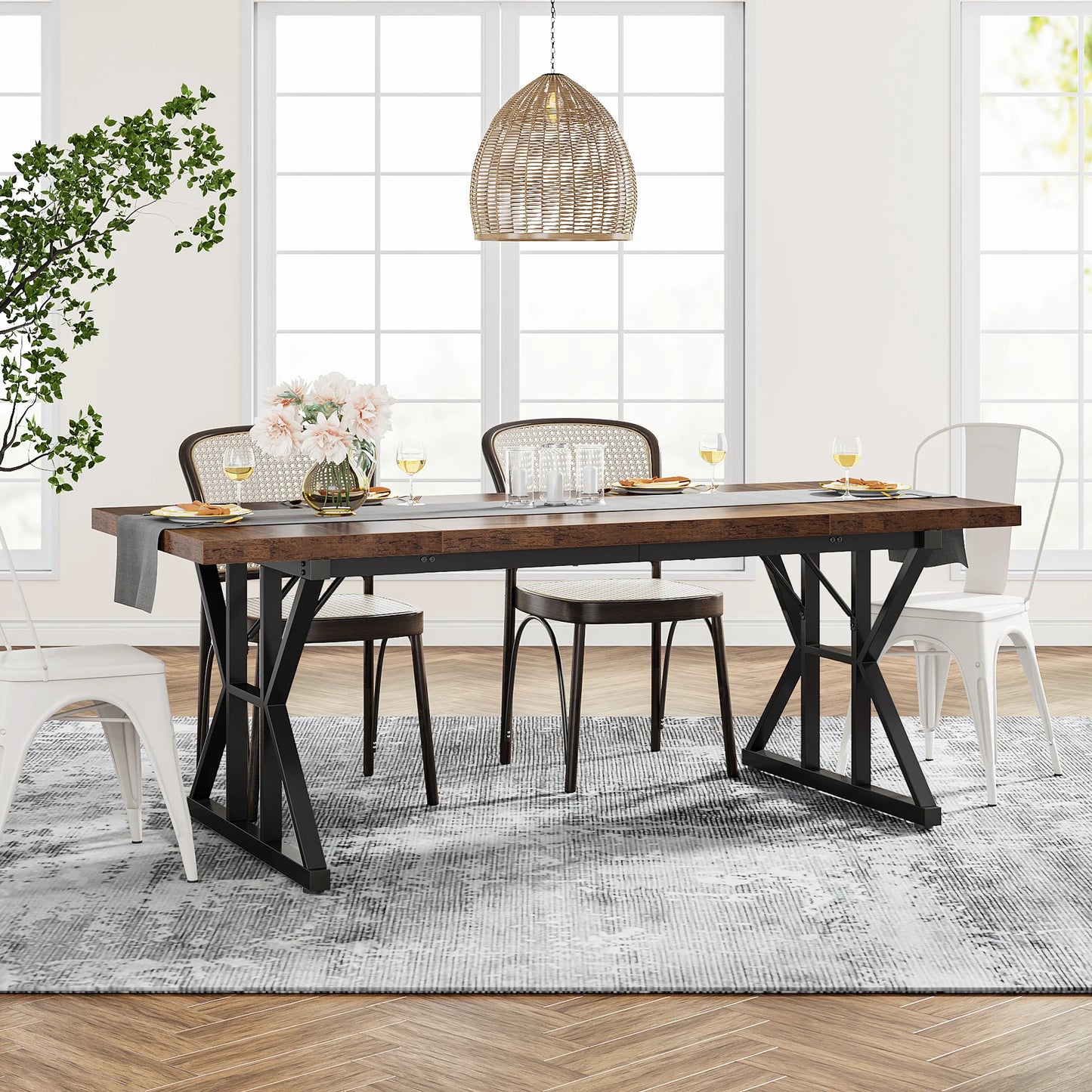 Tribesigns Dining Table for 6 People, 70.8-Inch Rectangular Wood Dining Table, Rustic Kitchen Table with Heavy Duty Metal Legs