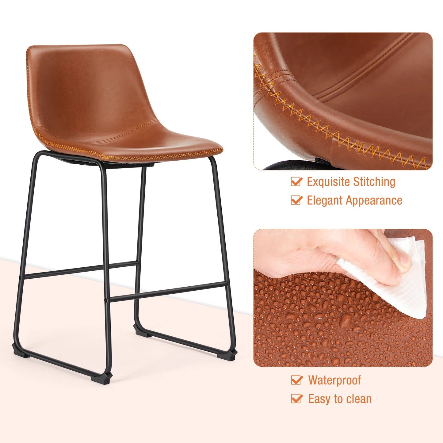 JHK Pu Leather Bar Stools Set of 2 Counter Height High Kitchen Dining Chairs Comfortable Sponge Cushion Island Modern Stool