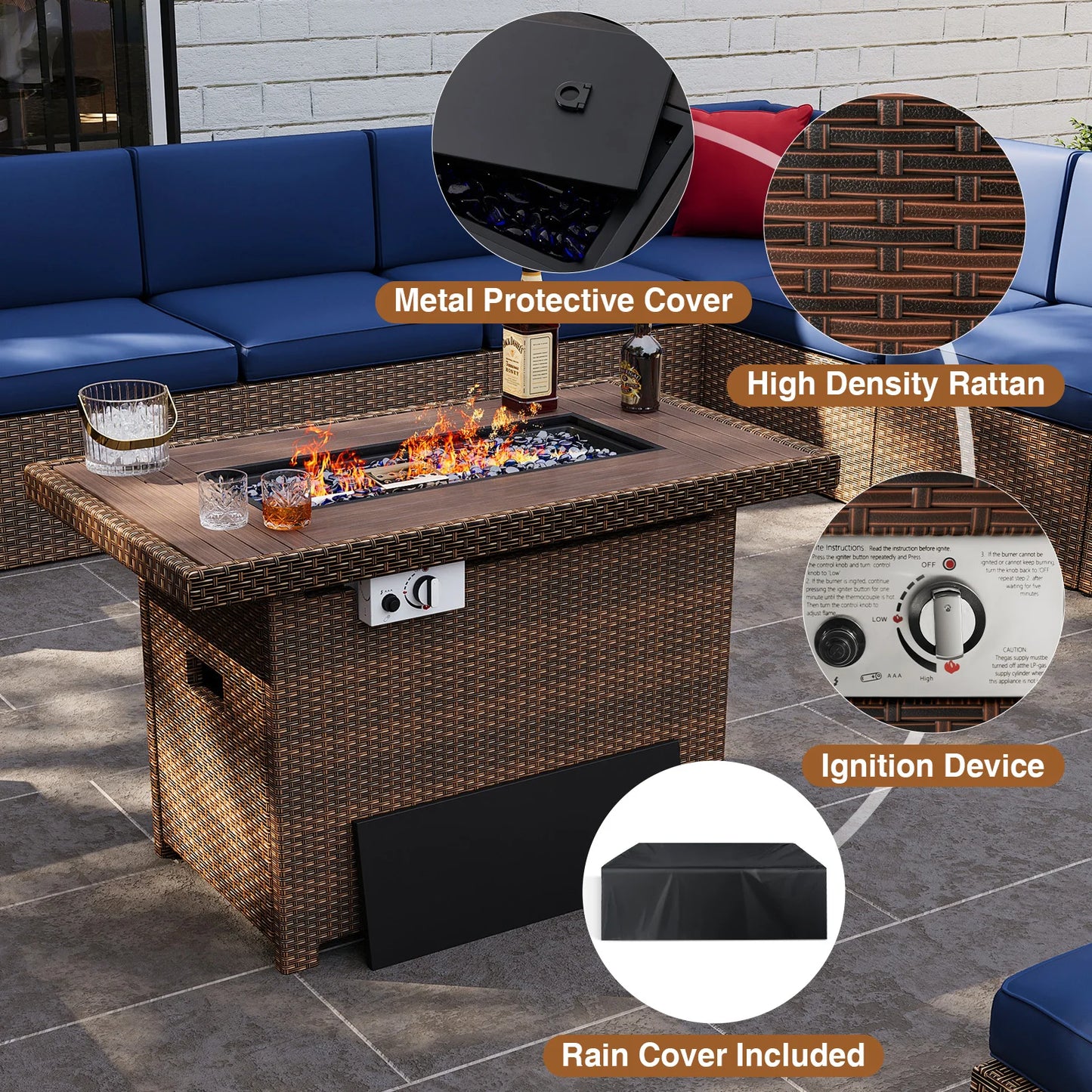 8-Piece Patio Furniture Set with 40” Fire Pit Table Wicker Rattan Conversation Set Removable Cushions and Tempered Coffee table