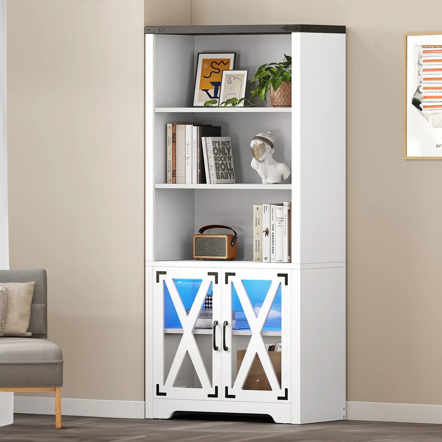 Storage Cabinet with Acrylic Doors & LED Light Bookshelf Bookcase Pantry Cabinet