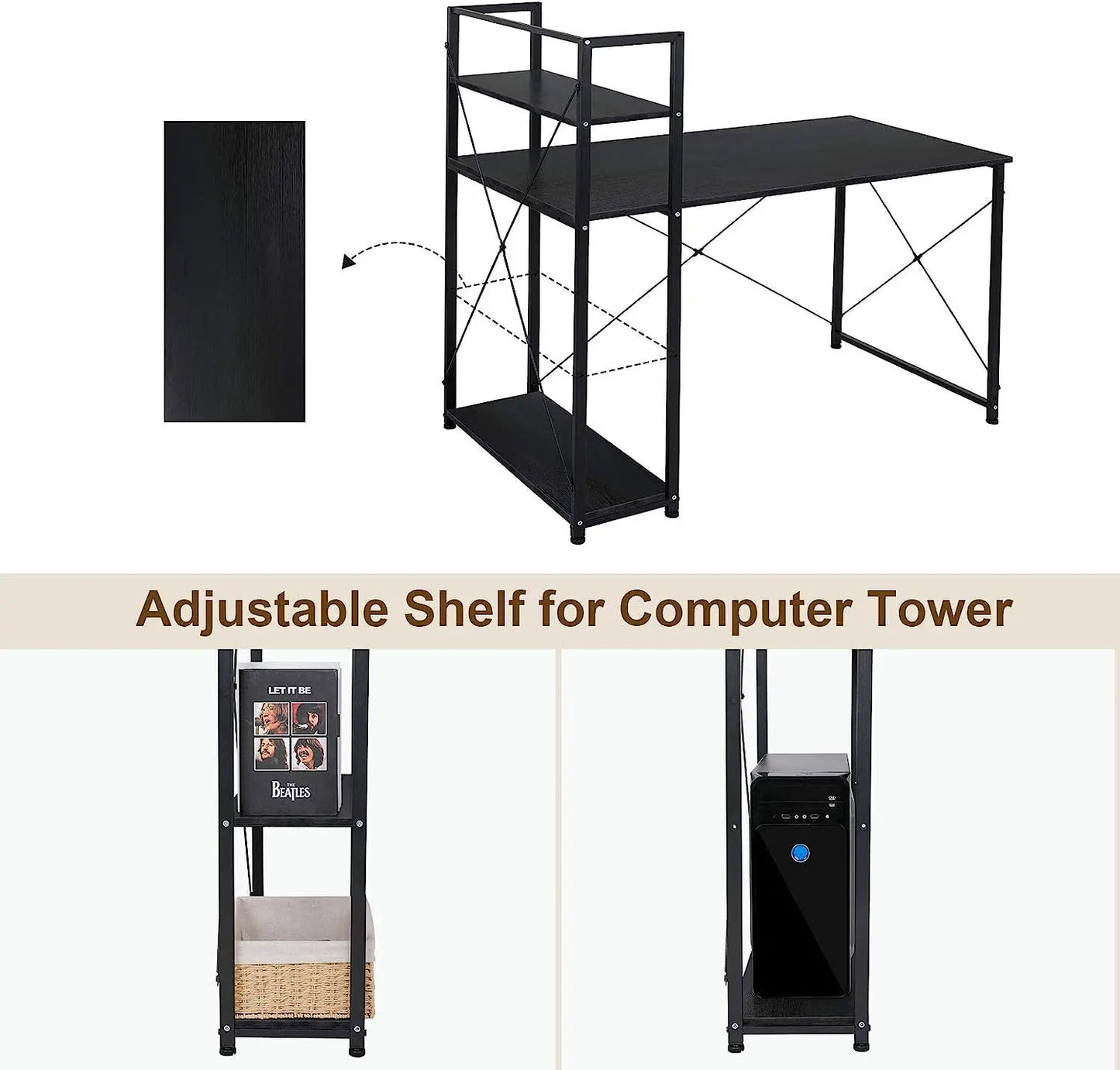 AOOU Computer Desk with 4 Tier Shelves, 47'' Study Writing Table for Home Office, Modern Compact Simple Workstation w/Reversible